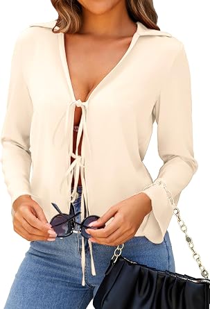 Womens Satin Blouses Going Out Tie Front Tops Sexy Deep V Neck Collared Long Sleeve Shirts