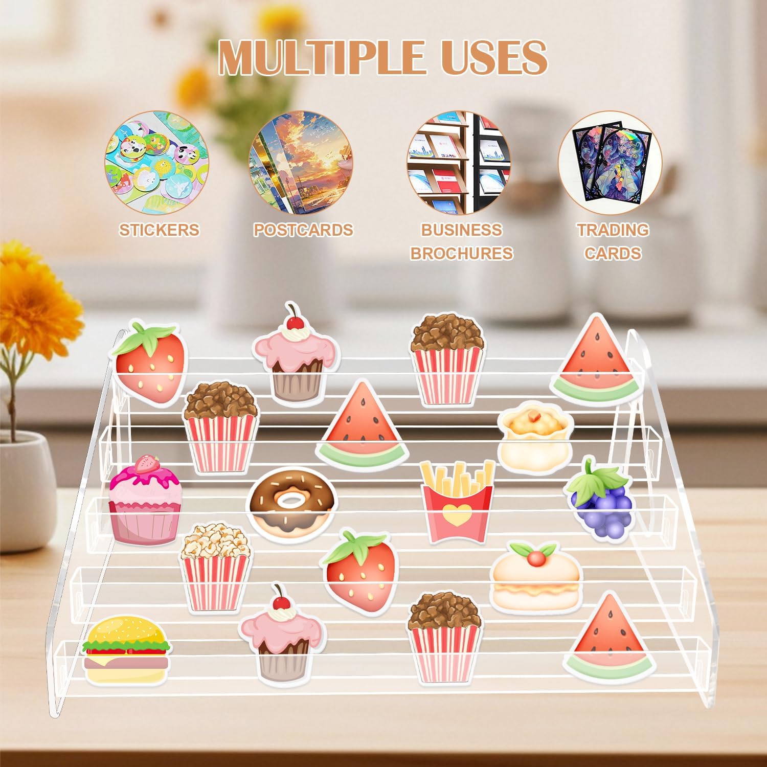 Sticker Display, 5 Tier Card Display Stand, Clear Display Stand Holds Business Brochure Postcard Greeting for Office Home Desk Vendor Events Booth,Trading Cards Baseball Sports Cards Display