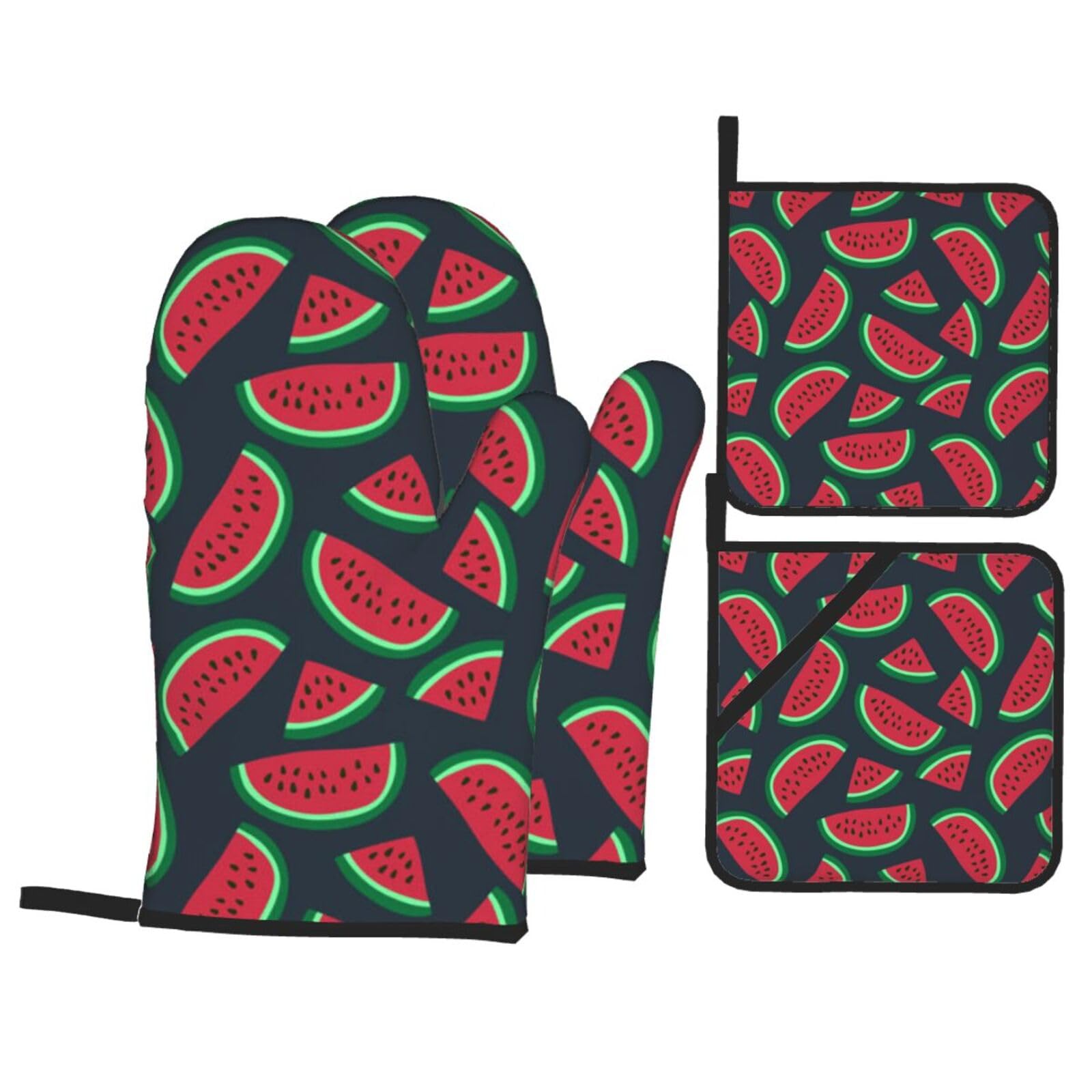 Red Watermelon Print Stylish Heat-Resistant Oven 4-Piece Set Kitchen Gloves Roasting Daily Cooking