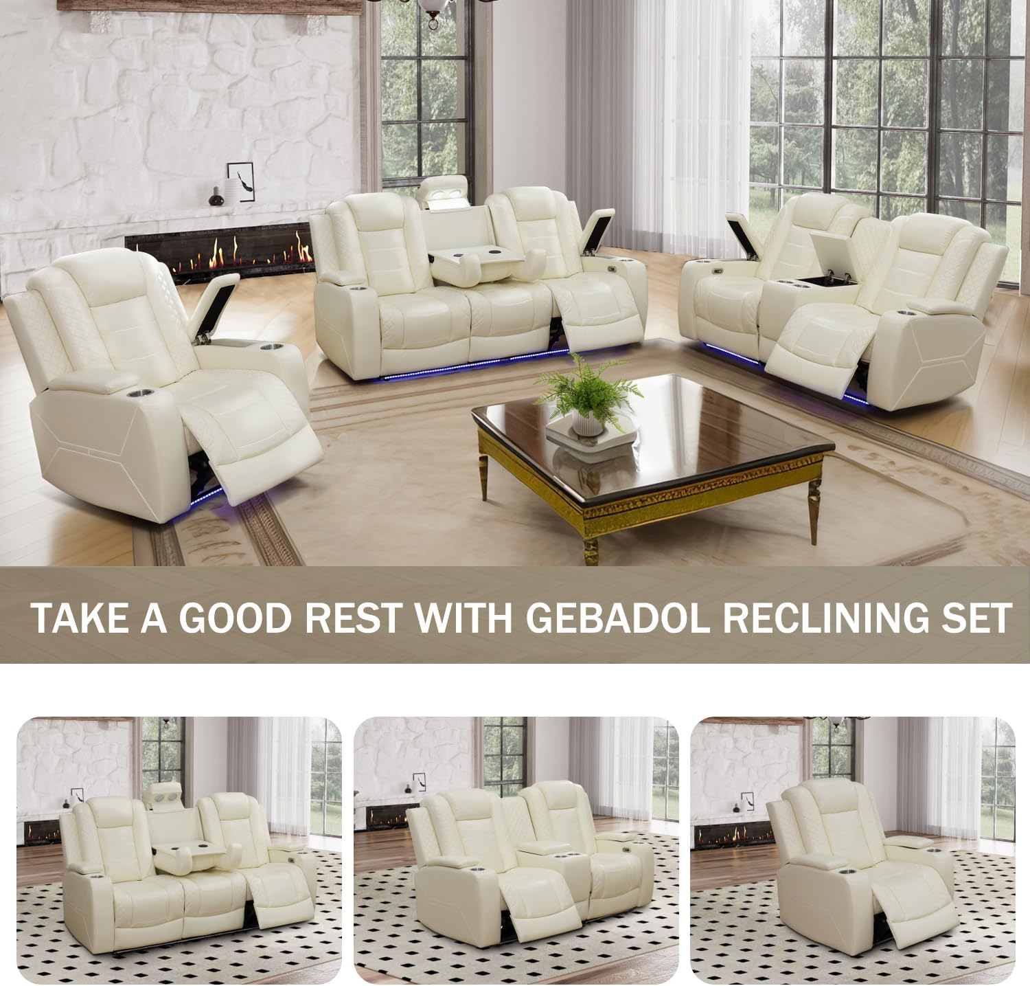 Power Recliner Sofa Set, Breathing Leather Sofa Set with Storage Console/Cup Holders/USB Ports, Leather Reclining Couch Set for Living Room (Creamy White, Chair)