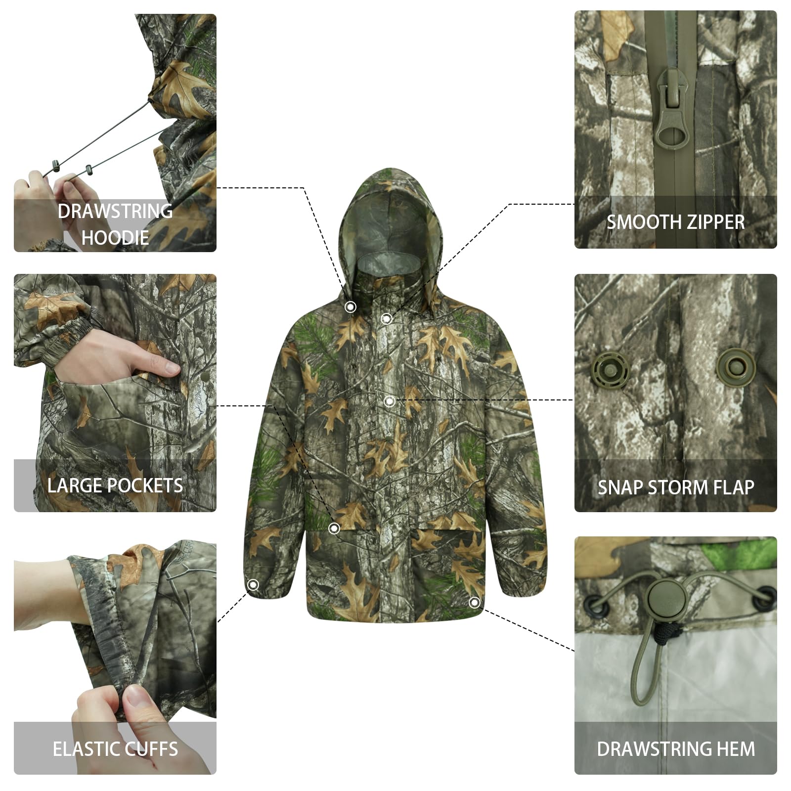 Combinaisons de Pluie pour Hommes imperméables - Veste de Pluie Pantalon Adulte Imperméable léger avec Capuche Chasse Camo