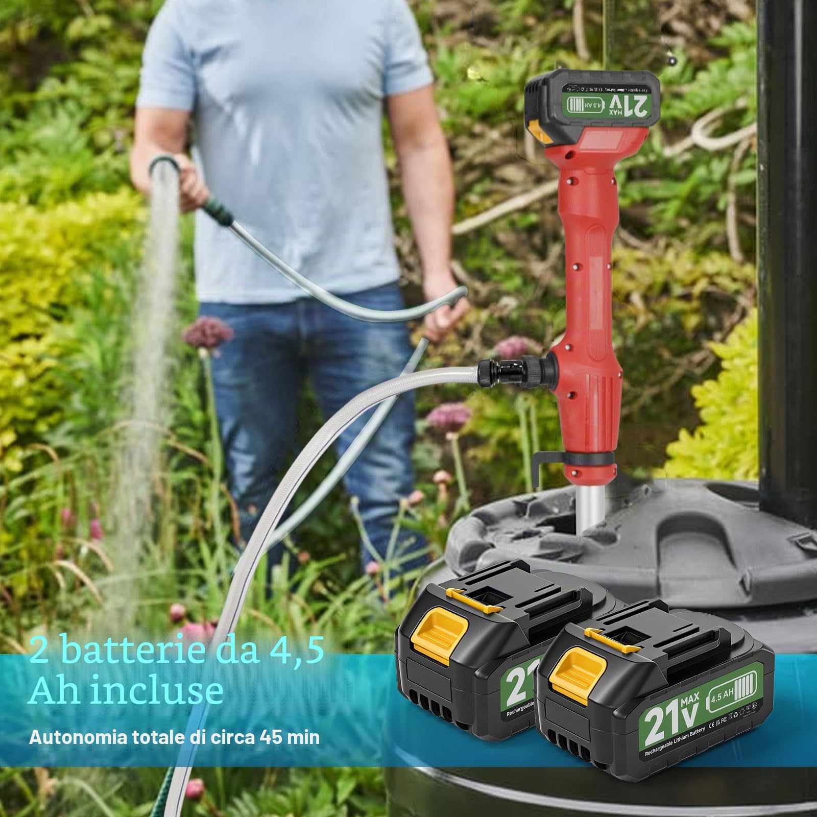 Pompa acqua a batteria con 2 batterie da 4,5 Ah, 11000 giri/min, portata 2725 L/H, pompa sommersa portatile con indicatore della batteria e caricatore per giardino, piscina e barche