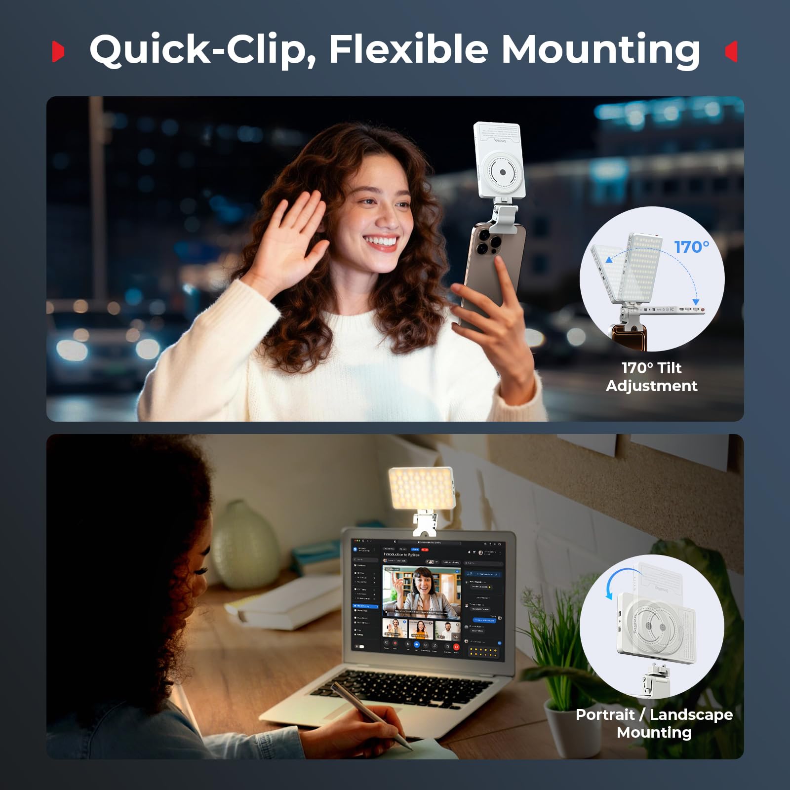 SMALLRIG M3 Magnetisches Selfie-Telefon-LED-Videolicht mit Clip, 120 LEDs 2000mAh Wiederaufladbar, 2700K – 6500K, Tragbares Clip-on-Fülllicht für iPhone, für iPad, Kamera/Laptop (Weiß) – 5640