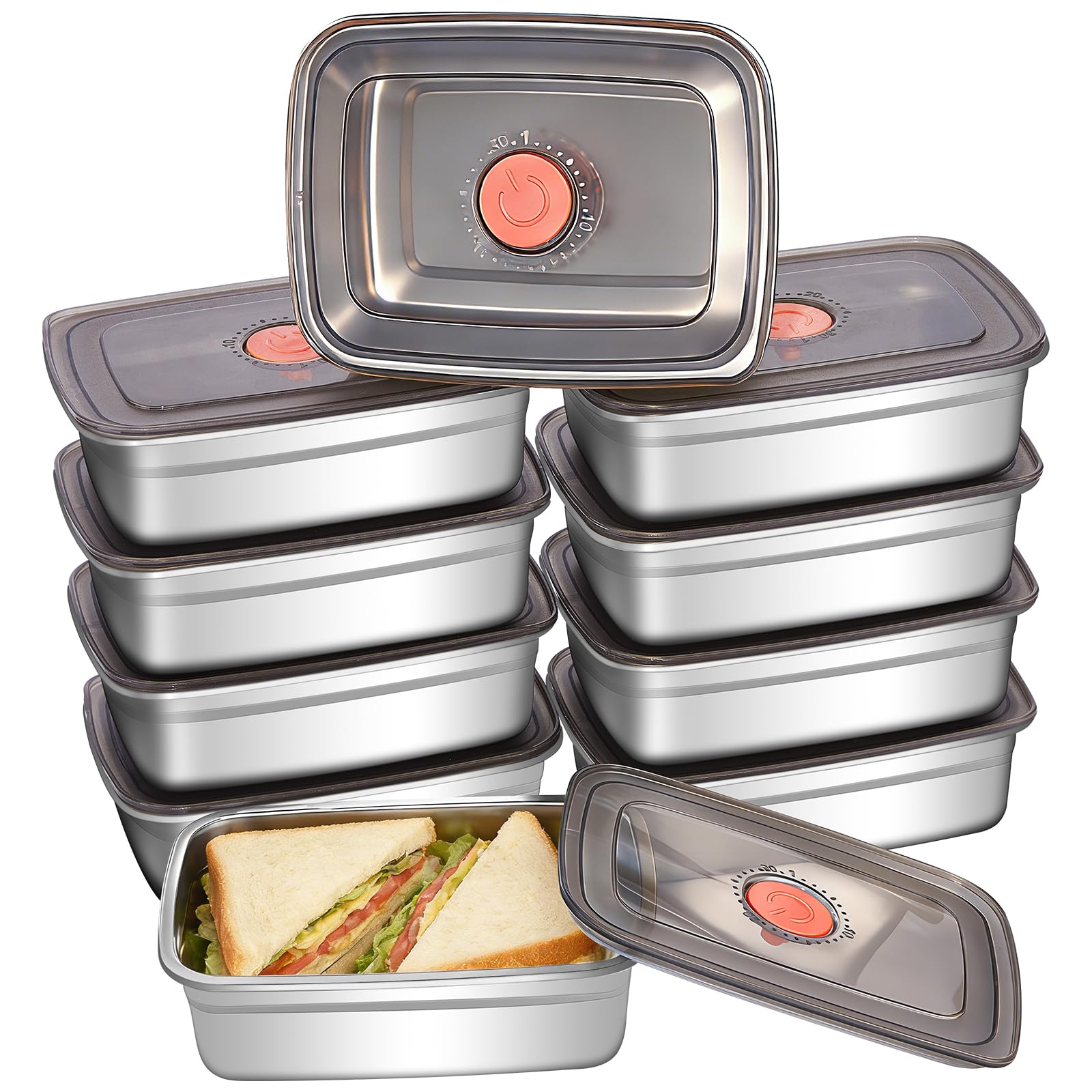 GIUOIDUO Paquete de 10 recipientes de acero inoxidable para almacenamiento de alimentos con tapas a prueba de fugas, cajas de almuerzo de metal reutilizables de 37 onzas, apilables, aptos para