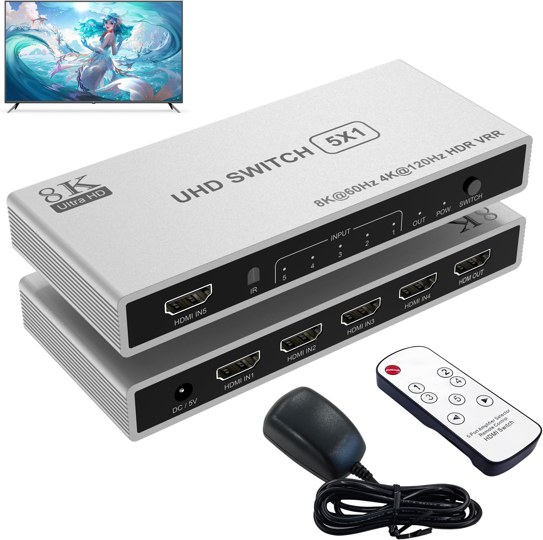 HDMI Switch 4K 60Hz, AVIDGRAM HDMI 2.0 Switcher 5 in 1 Out, 5 Port HDMI Selector Box met IR-afstandsbediening Ondersteuning HDCP 2.2 HDR10 3D 18Gbps voor Xbox PS4 Roku HDTV Monitor