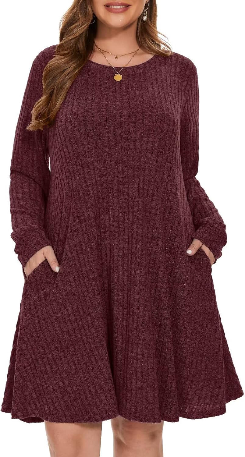 BELAROI Sweater Dress Plus Size Long Sleeve Ribbed Knit Crew Neck Casual Flowy Swing Tunic Pockets Dresses Fall Winter Oufits