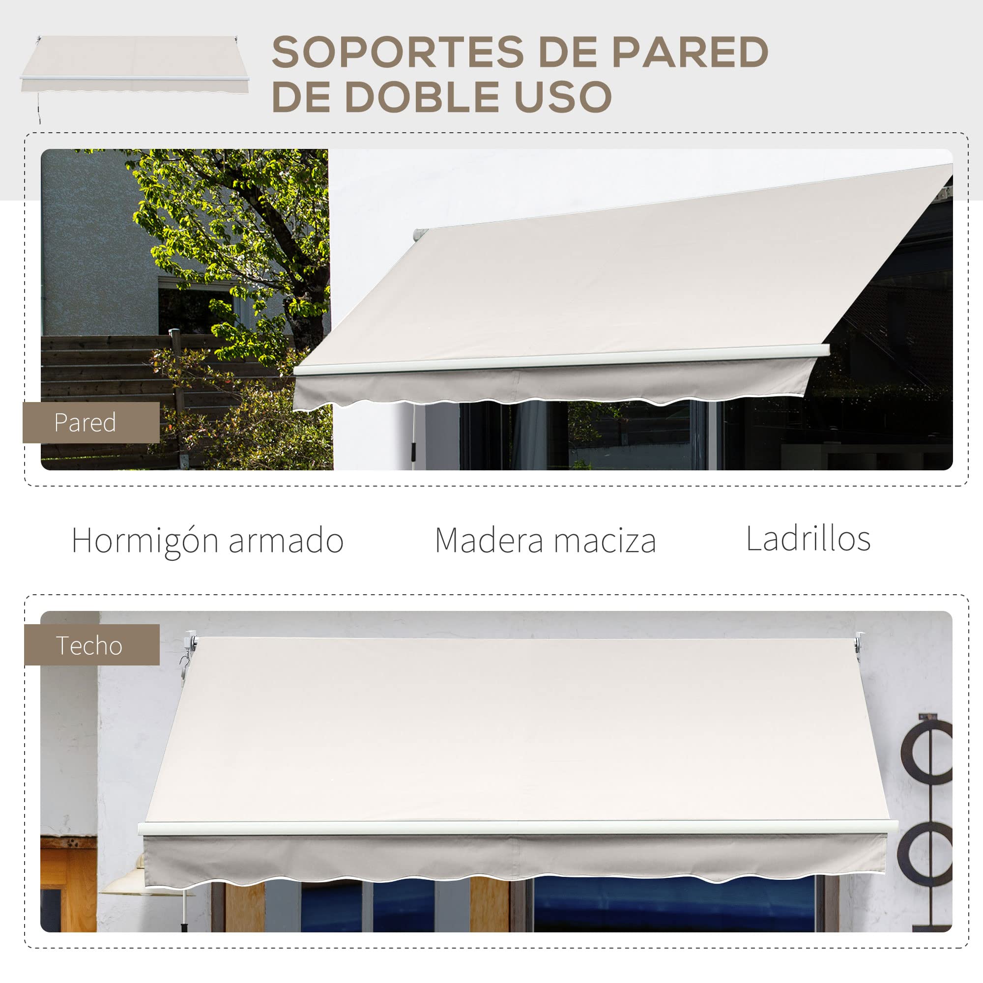 Outsunny Toldo Manual Retráctil 200x250 cm, Toldo Exterior Terraza con Ángulo Ajustable, Brazo Articulado, Montaje a Pared, Estructura de Aluminio, Anti-UV50+ e Impermeable, para Jardín, Crema