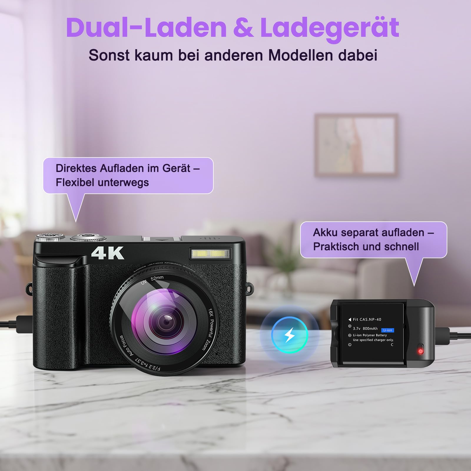 4K 64MP Digitalkamera mit WLAN und Autofokus, 3" 180° Klappbildschirm, Kompaktkamera mit 32GB Karte, Ladestation und 2 Akkus