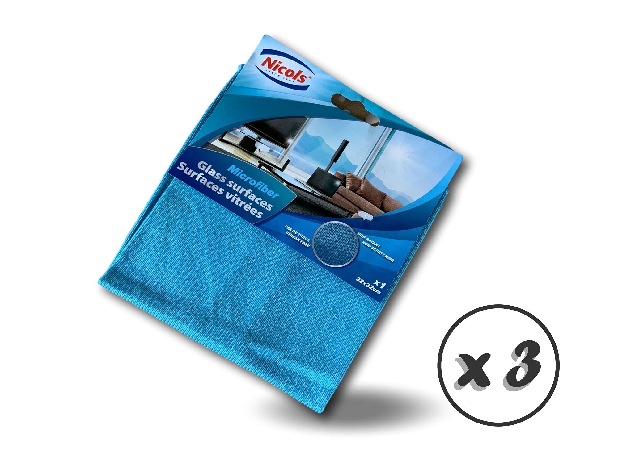 KIBROS Lot 3 lavettes Microfibre Surface vitrée 32×32 cm sans Traces