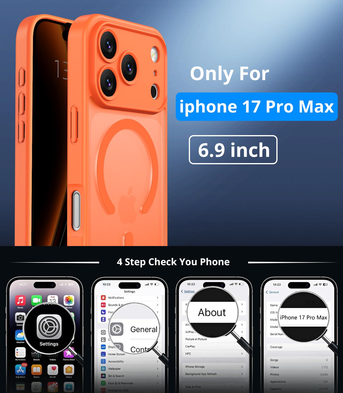 Vansdon Cover Magnetica per iPhone 17 Pro Max con 1 Pezzi Vetro Temperato, Compatibile con Magsafe, Protezione anticaduta di livello militare, Custodia Traslucida Opaca Sottile Antiurto-Arancia