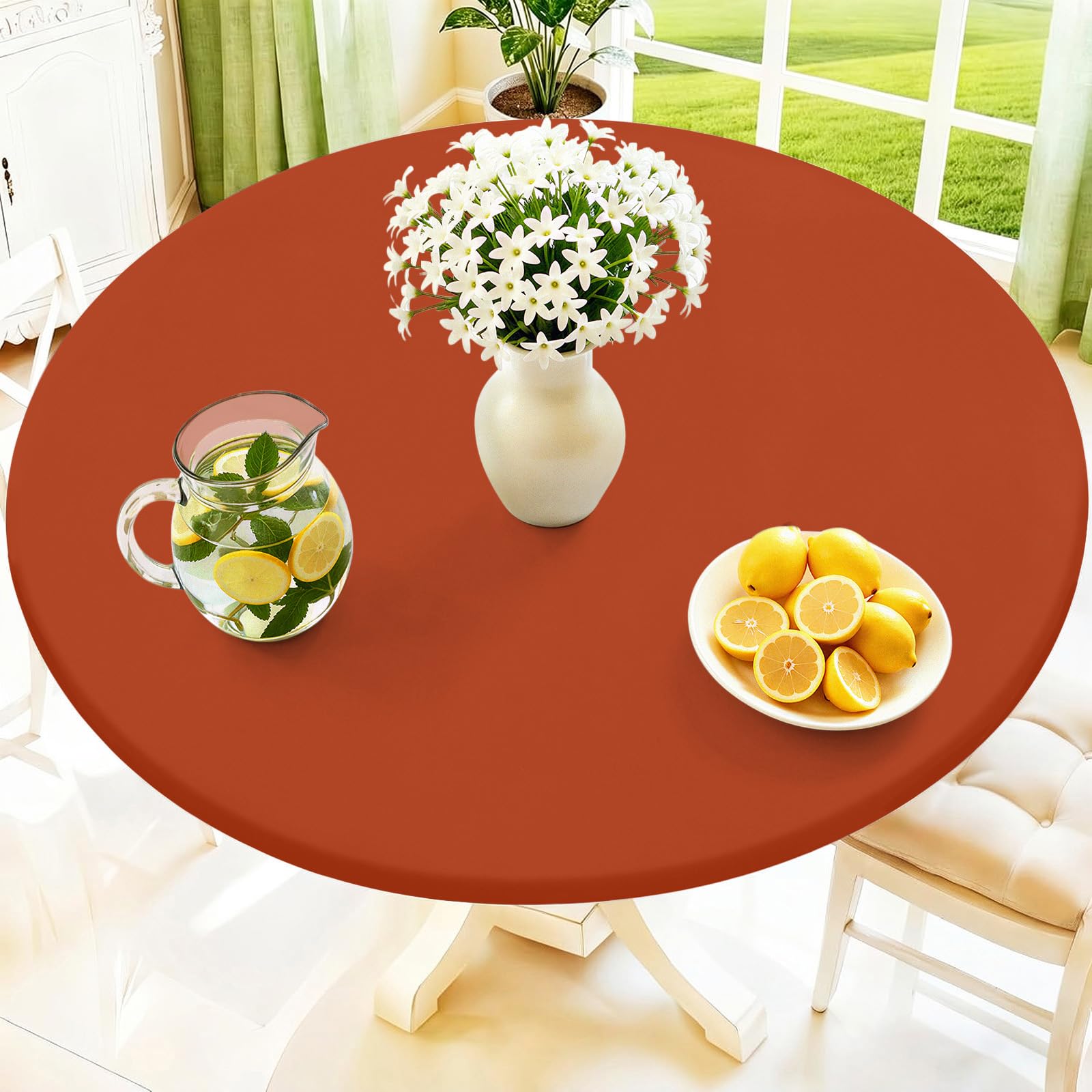 Moosfor Round Spandex Tablecloth, Elastic Fitted Waterproof Tablecloths for 57"-68" Tables, Stretch Washable Picnic Table Cover for Camping, Dining, Indoor and Outdoor, Rust — image 1