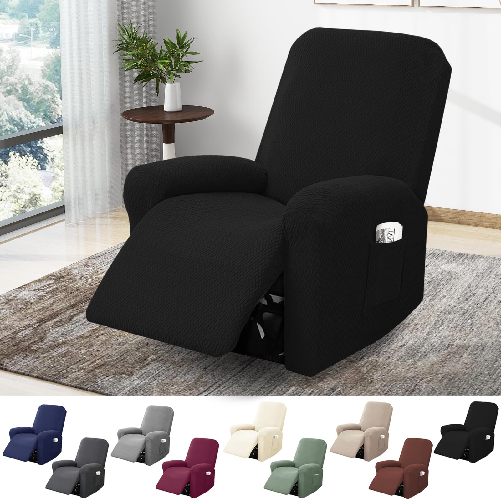 BOYIFEIJIE 1-Seater Recliner Chair Cover, All-Inclusive Striped Jacquard Armchair Slipcover with Pocket, Non-Slip Stretch Recliner Protector for Living Room Recliner Chair (Black, 4-Pieces) — image 1