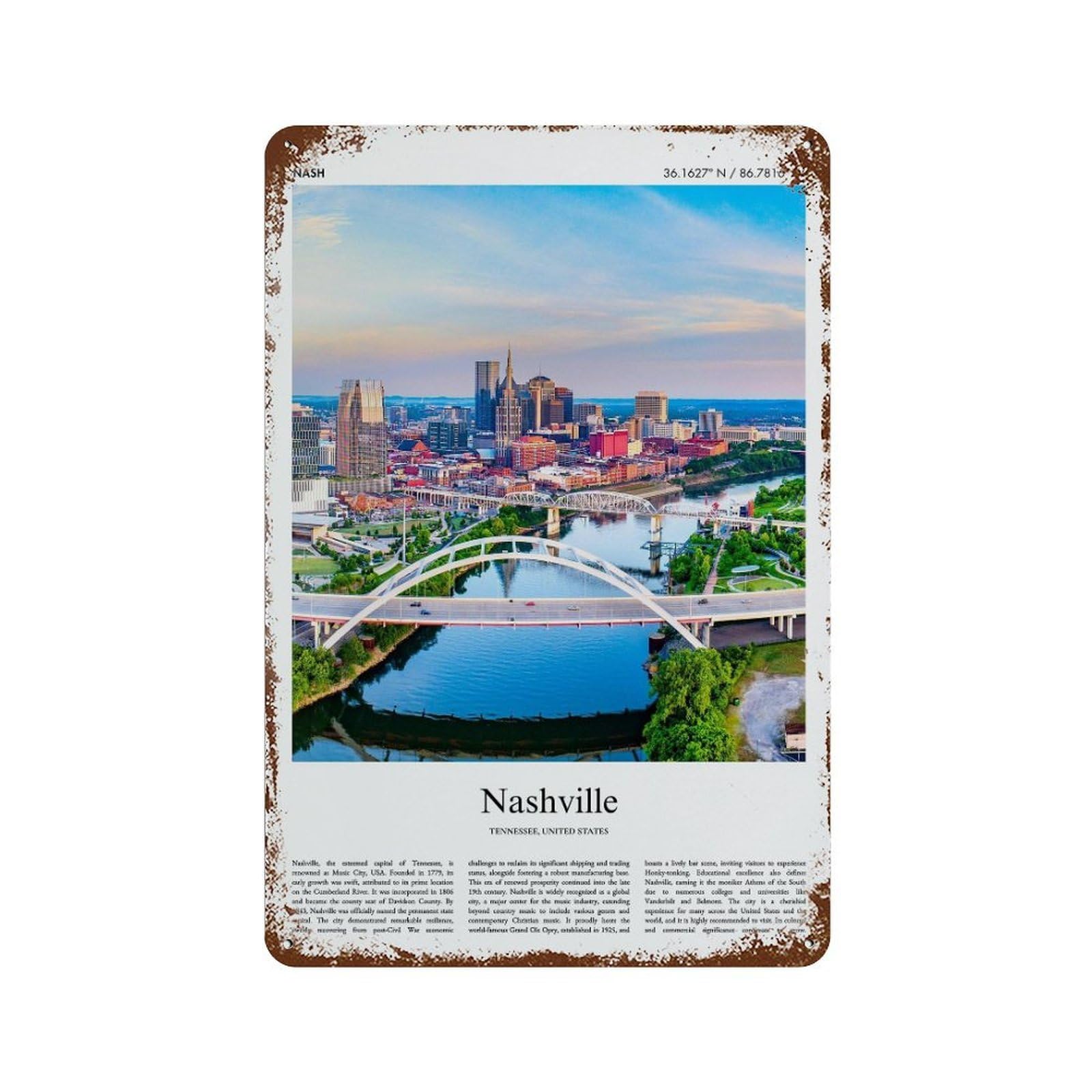 xiaoxiaoshen Nashville Tennessee, United States, USA City Scenery Wall Decor Art Metal Tin Poster Modern Home Decor Art Home Bar Shop Decorations Vintage Sign 30x20cm