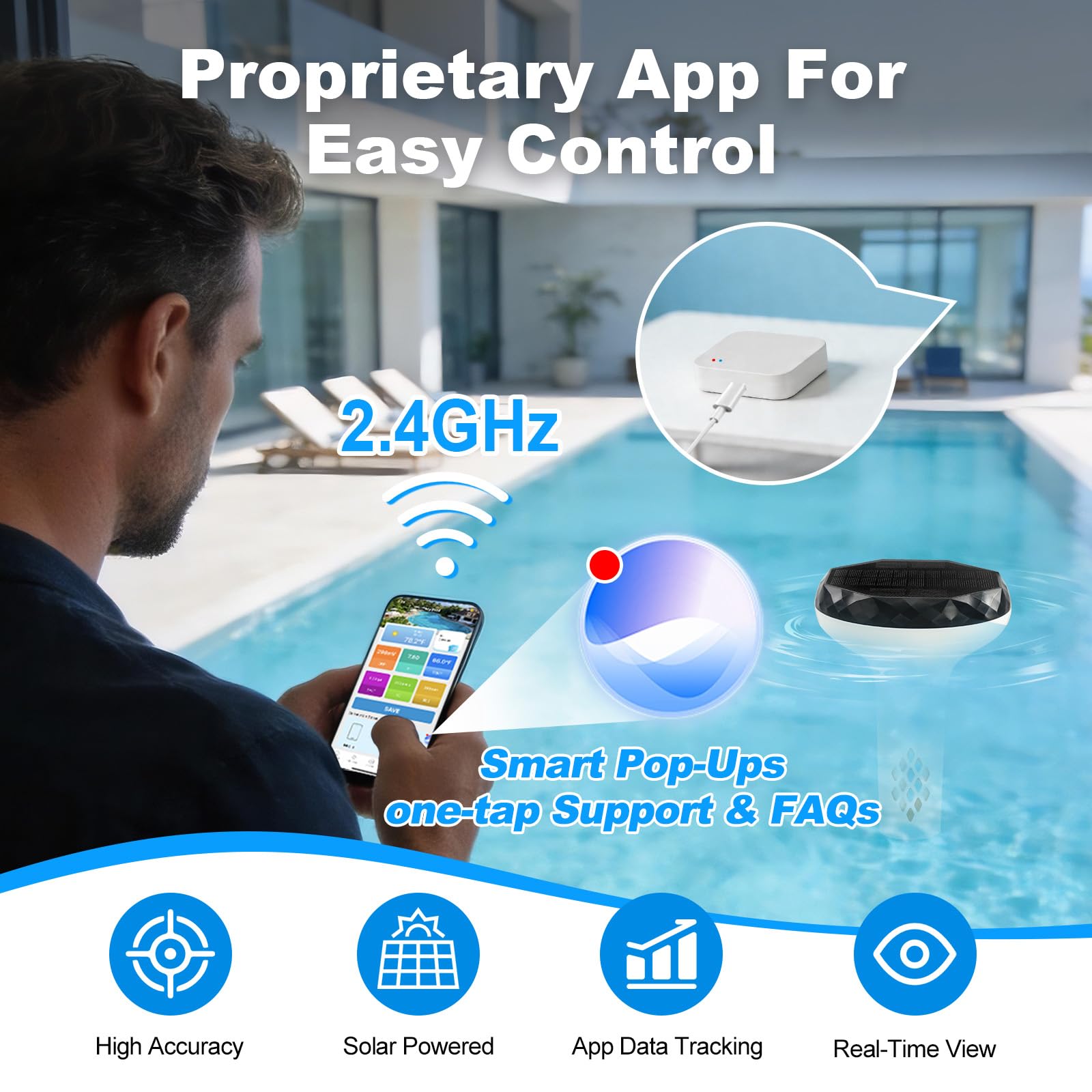 Testeur Solaire Intelligent pour Piscine - WiFi 6 en 1 - Testeur de pH EC ORP TDS - Sel et température - Testeur Flottant pour Piscine, Jacuzzi et Spa - Surveillance Via Application