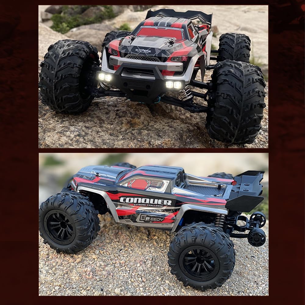 16102 1:16 Voiture télécommandée, 2.4Ghz Moteur à balais de Carbone Course Tout-Terrain télécommandée à Grande Vitesse, 50km/h 4WD Voiture Jouet Tout-Terrain, 3 Piles (Rouge)