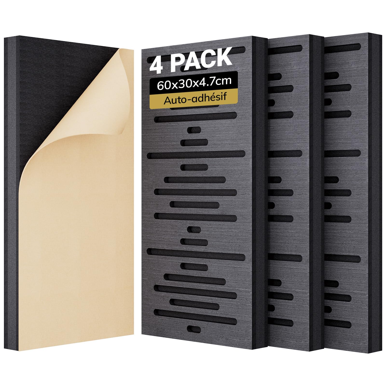 TONOR Lot de 4 Panneau Acoustique Mural, Mousse Panneau Acoustique Bois, Insonorisation Panneau Mural Mousse Anti Bruit pour Isolation Phonique pour Home, Studio, 60x30x4,7cm, Noir