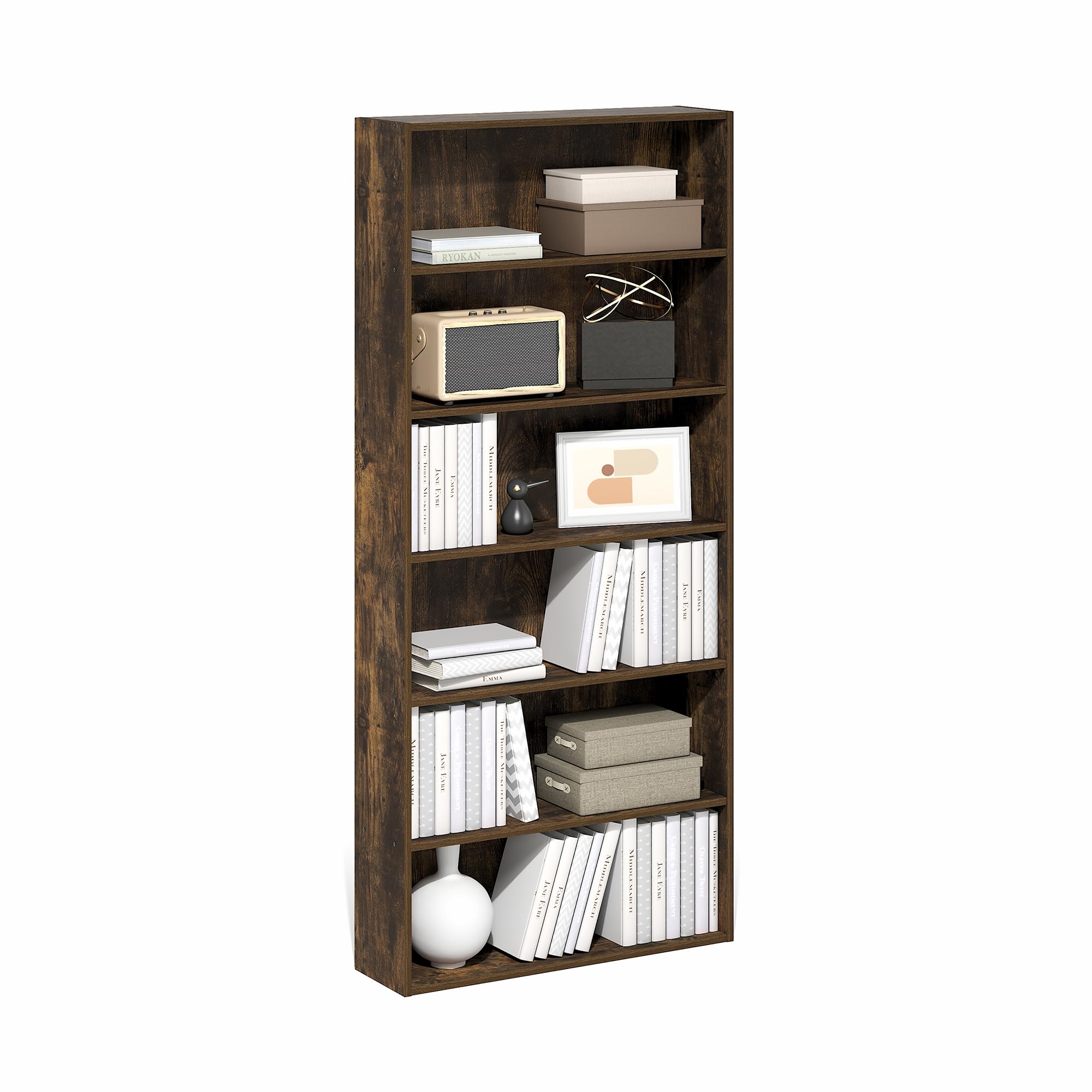 Furinno Basic Book Shelf, 6-Tier Bookcase with Open Shelf, Bookshelf, Cube Storage Organizer, 7 x 24 x 53, for Living Room, Bedroom, Home Office, Amber Pine