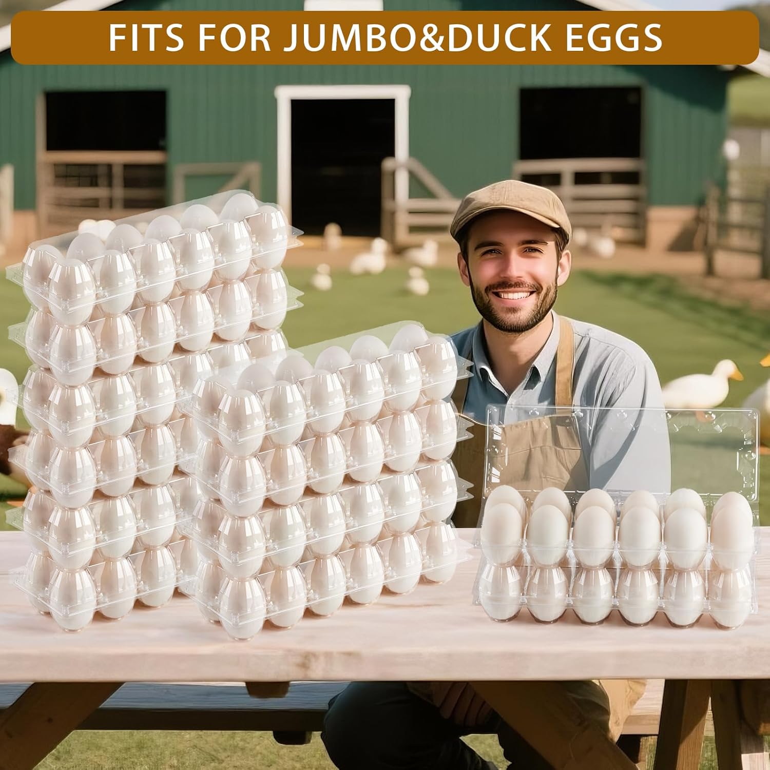 60 Pack Duck Egg Cartons Jumbo Egg Cartons Cheap Bulk with Sticker Labels Clear Empty Plastic Egg Containers Extra Large for Home Ranch Farm Commercial Market Display, 2×6 Grids