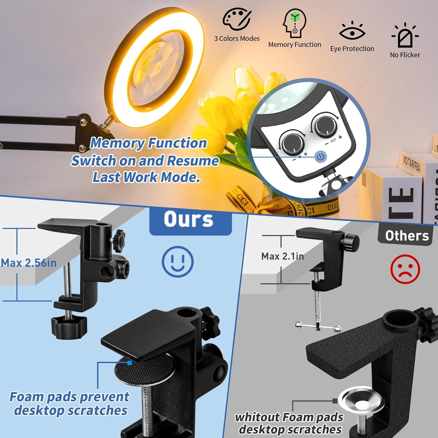 HITTI 12X Extra Long Magnifying Glass with Light, Upgrade Infinite Color and Brightness LED Desk Lamp Clamp, Hands Free 3 Section Magnifier Light Stand for Workbench Craft Reading (12X 35in Clamp)