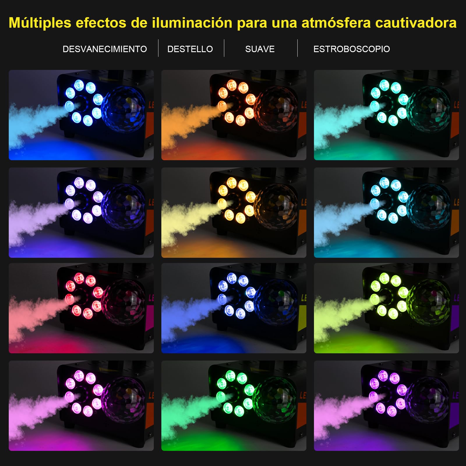 Máquina de Humo, GuKKK Mini Máquina de Humo de 600 W, Portátil Máquina de Humo con Remoto Inalámbrico, 8 LED 13 Colores RGB, para Fiestas de DJ,Presentaciones en El Escenario y Halloween/Navidad