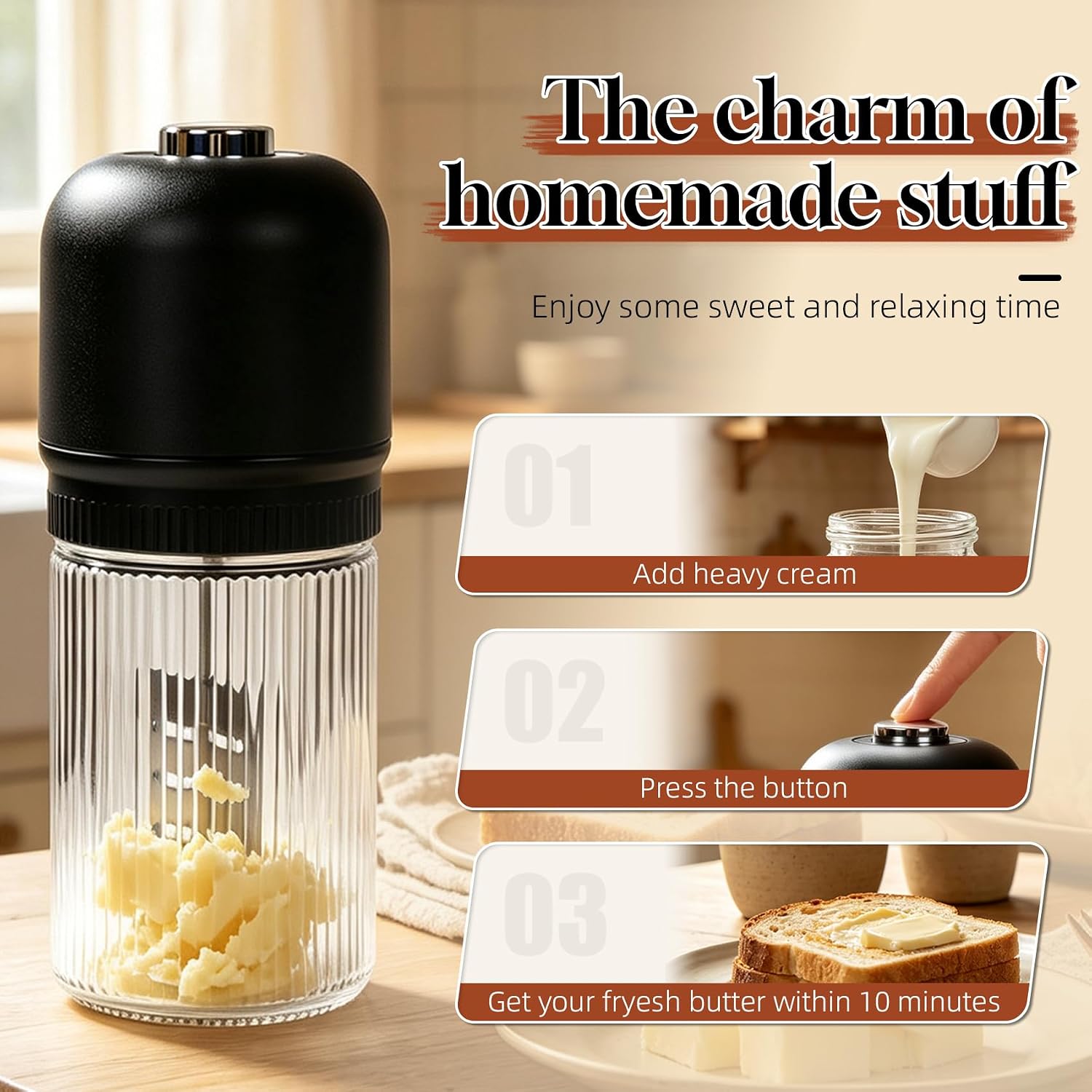 Electric Butter Churner, Automatic Homemade Butter Maker with 34OZ Ribbed Glass Container, One-Touch Mini Butter Mixer for Heavy Cream, DIY Butter & Buttermilk, Multifunctional Kitchen Baking Gadget