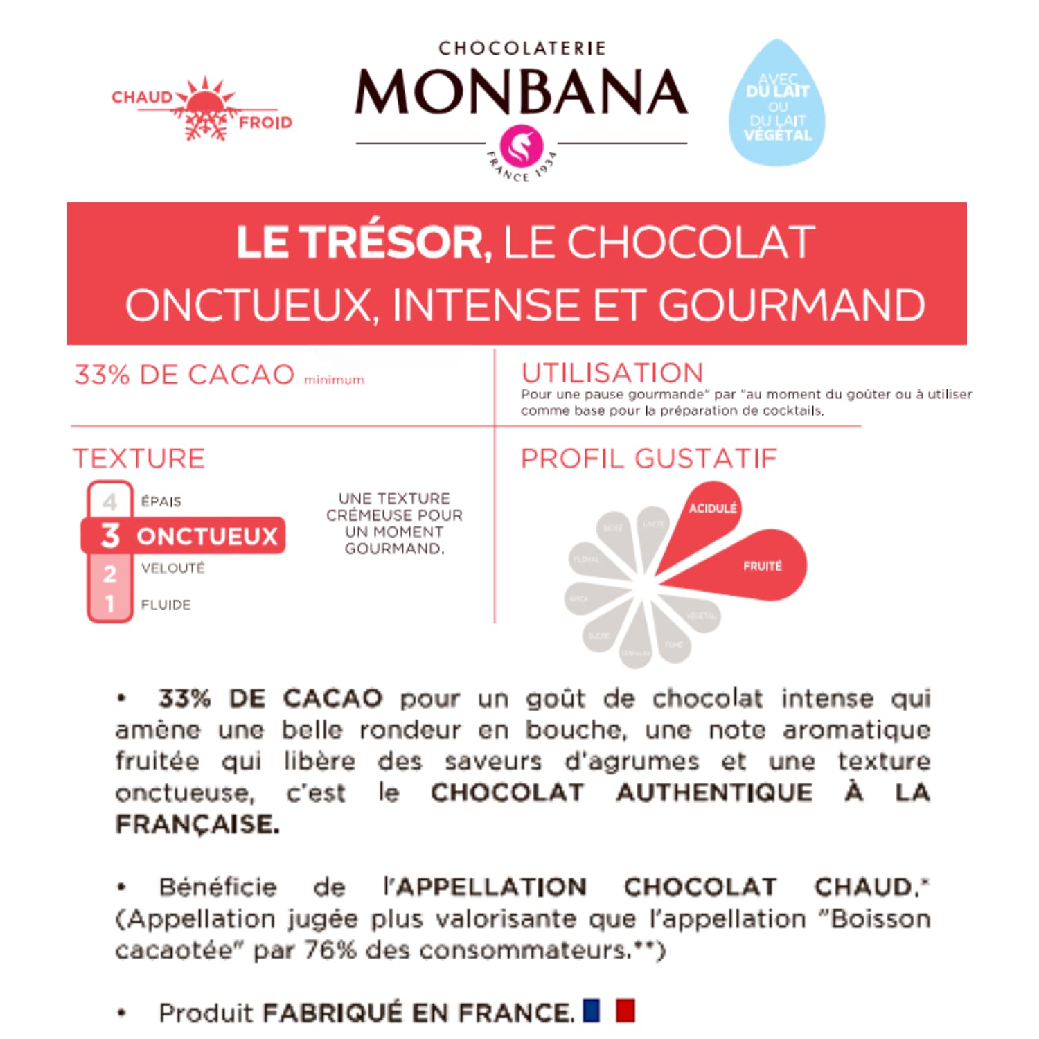 MONBANA - 100 sachets de chocolat en poudre Trésor - 25 g | Doses individuelles de 25 g de chocolat en poudre à déguster tout au long de la journée - Chocolat chaud, petit déjeuner