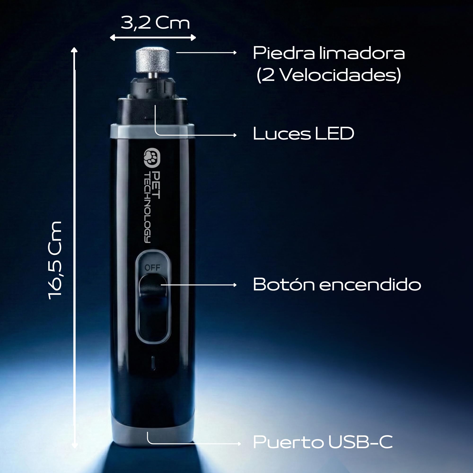 Limador de Uñas Premium para Mascotas Recargable USB-C, 2 Velocidades, Luz LED, Ligero, Manejable, Silencioso y Seguro para Perros y Gatos