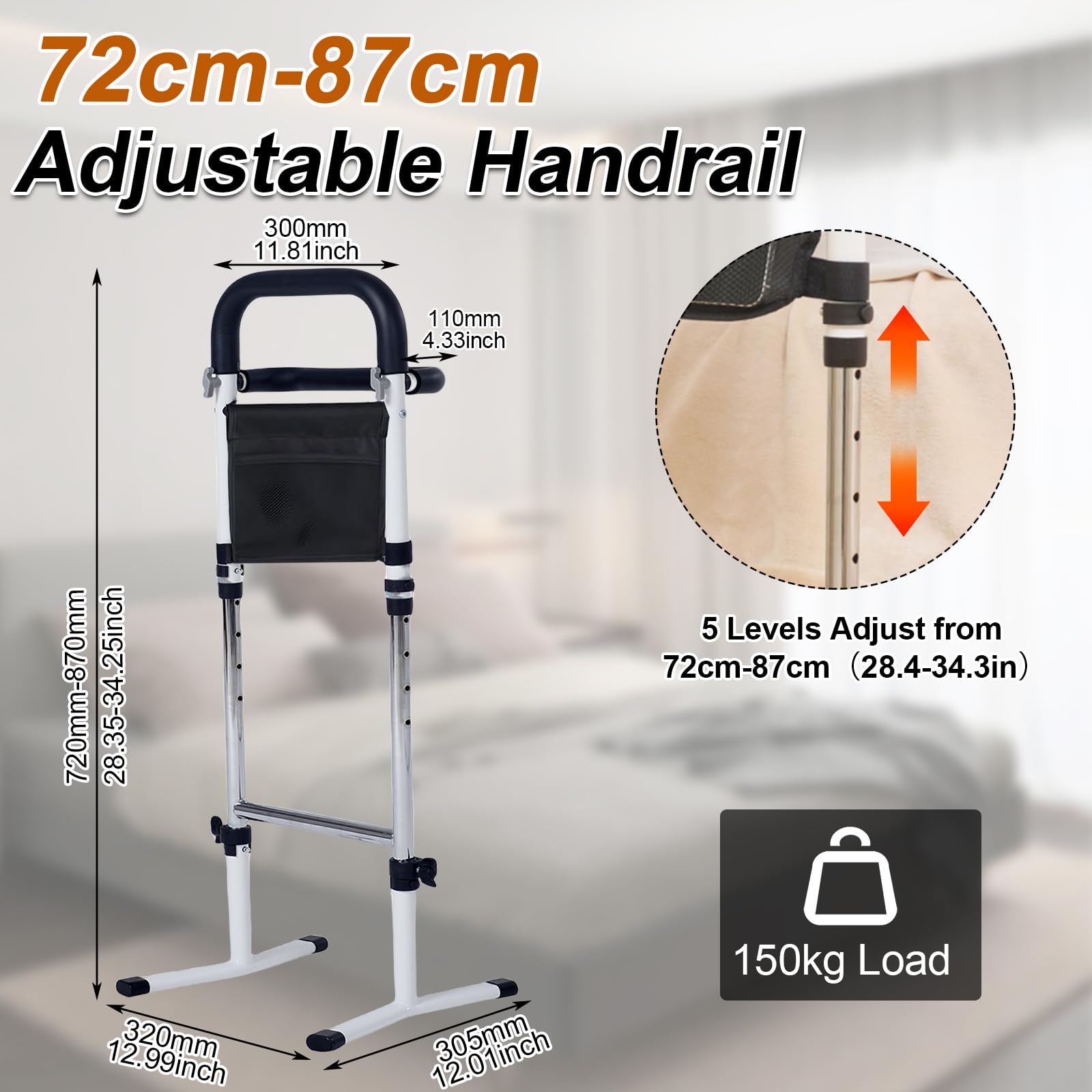 Barriere de Lit Adulte,Potence de Lit avec Potence 5 Niveaux Réglable(72 à 87cm),Aide à la Station Debout pour Personne âgée avec accoudoirs latéraux,Aide à la mobilité et au Quotidien,Capacité 150kg