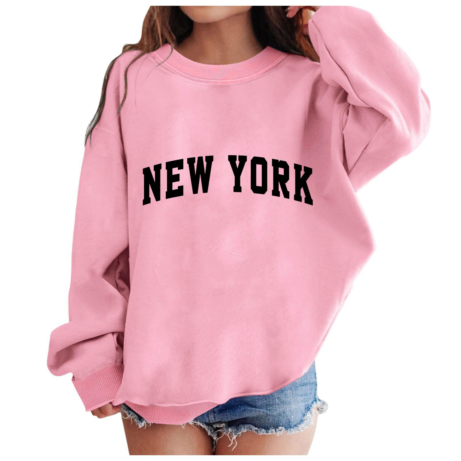 Bluzy dziewczęce Nowy Jork bluzy z kapturem dla dziewczynek nadruk litery bluza z kapturem z długim rękawem na co dzień luźny pulower topy dla 4-14 lat (B04-różowy, 5-6 lat)