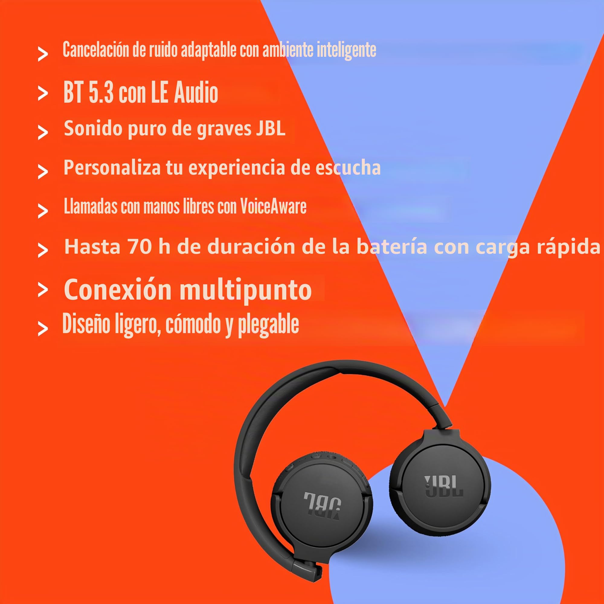JBL Tune 670NC - Auriculares inalámbricos con cancelación de ruido adaptable con Smart Ambient, hasta 70H de duración de batería con carga rápida, diseño ligero, cómodo y plegable (negro)