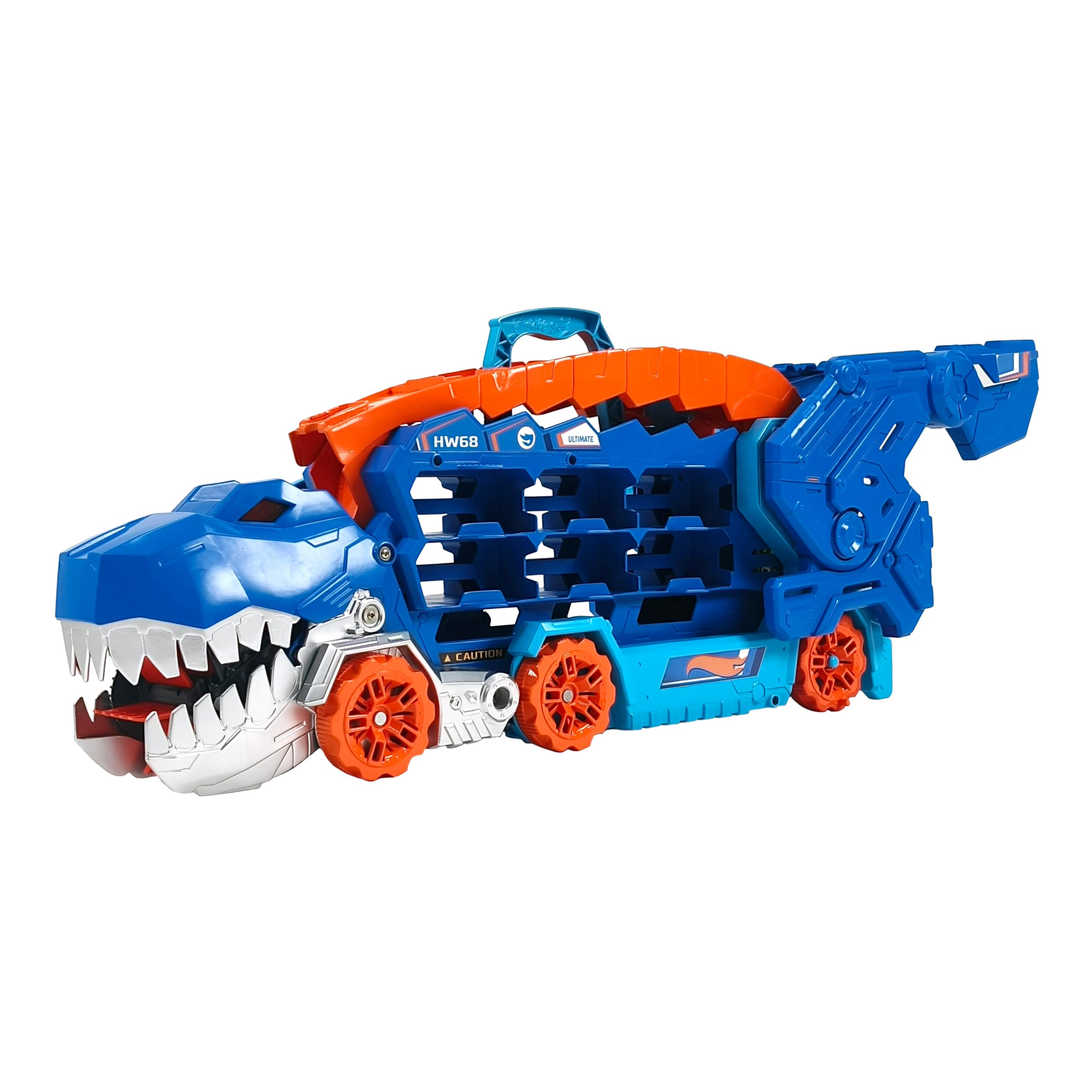 Hot Wheels Let's Race Netflix Transporter zu T-Rex Autorennbahn mit Beleuchtung und Geräuschen, inkl. 2 Spielzeugautos, Platz für 20 Autos, ab 4 Jahre HNG50