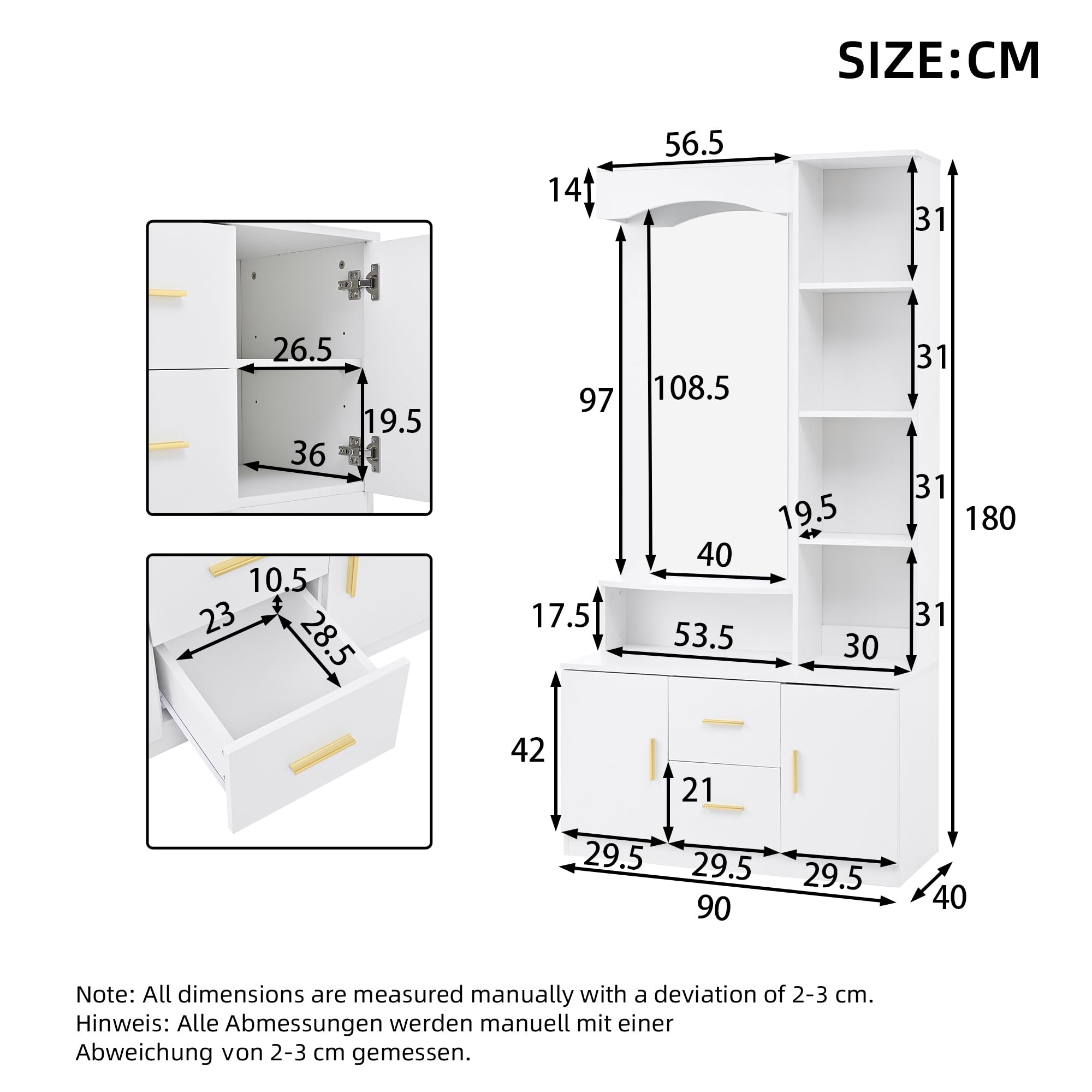 Juego de Perchero 90x40x180 cm Conjunto de Perchero Entrada Recibidor con Espejo y Estante, Perchero de Pasillo con 2 Cajones y Almacenamiento, Mueble de Entrada Multifuncional, Blanco