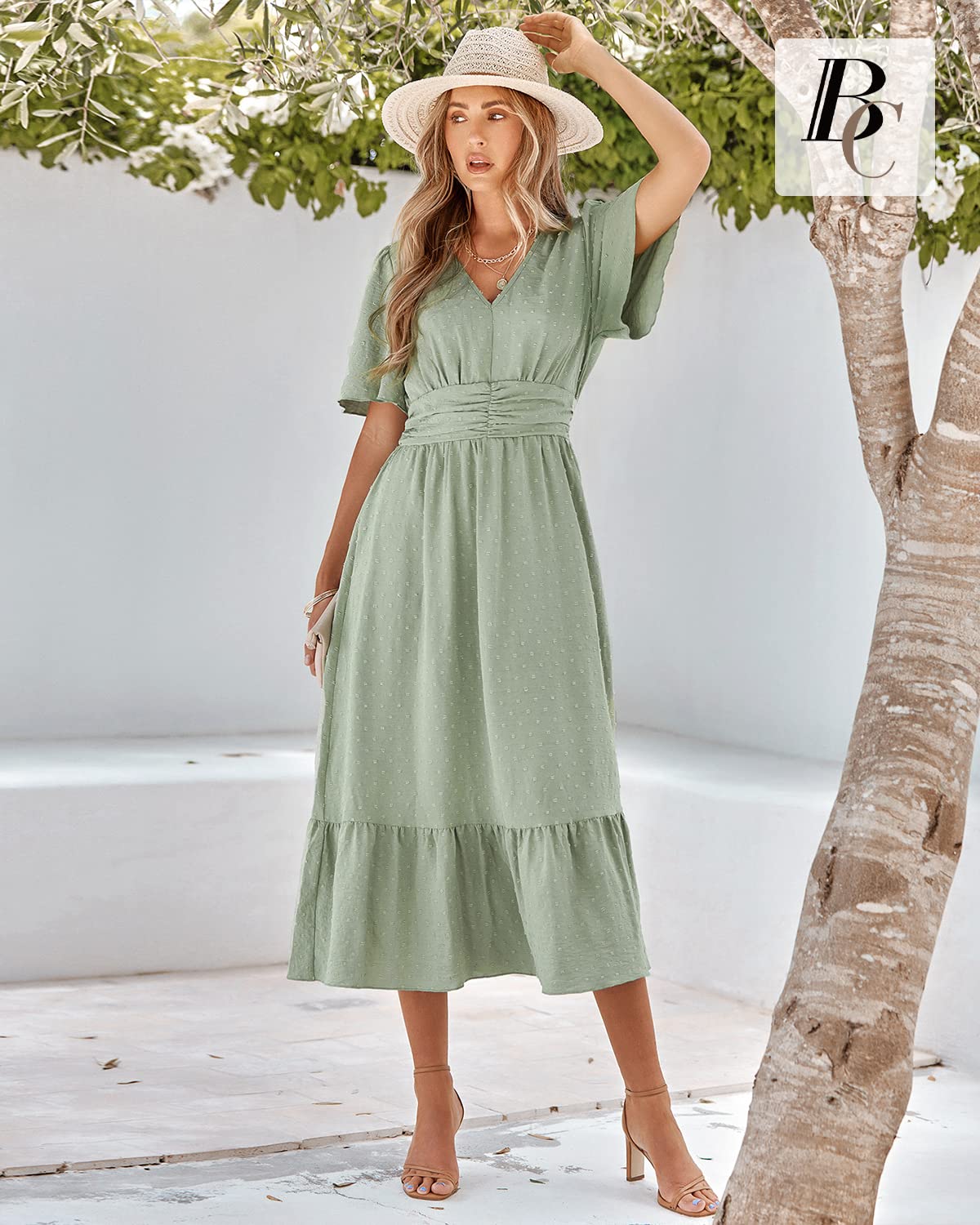 BebreezChic Vestido de verano largo para mujer, estilo bohemio, elegante, manga corta, cuello en V, cintura alta, con lunares suizos, con flores, vestido de playa