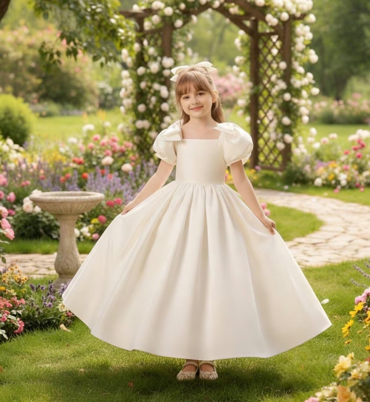 Satin Flower Girl Dresses Puff Sleeve Square Neck Long Birthday Party with Bow