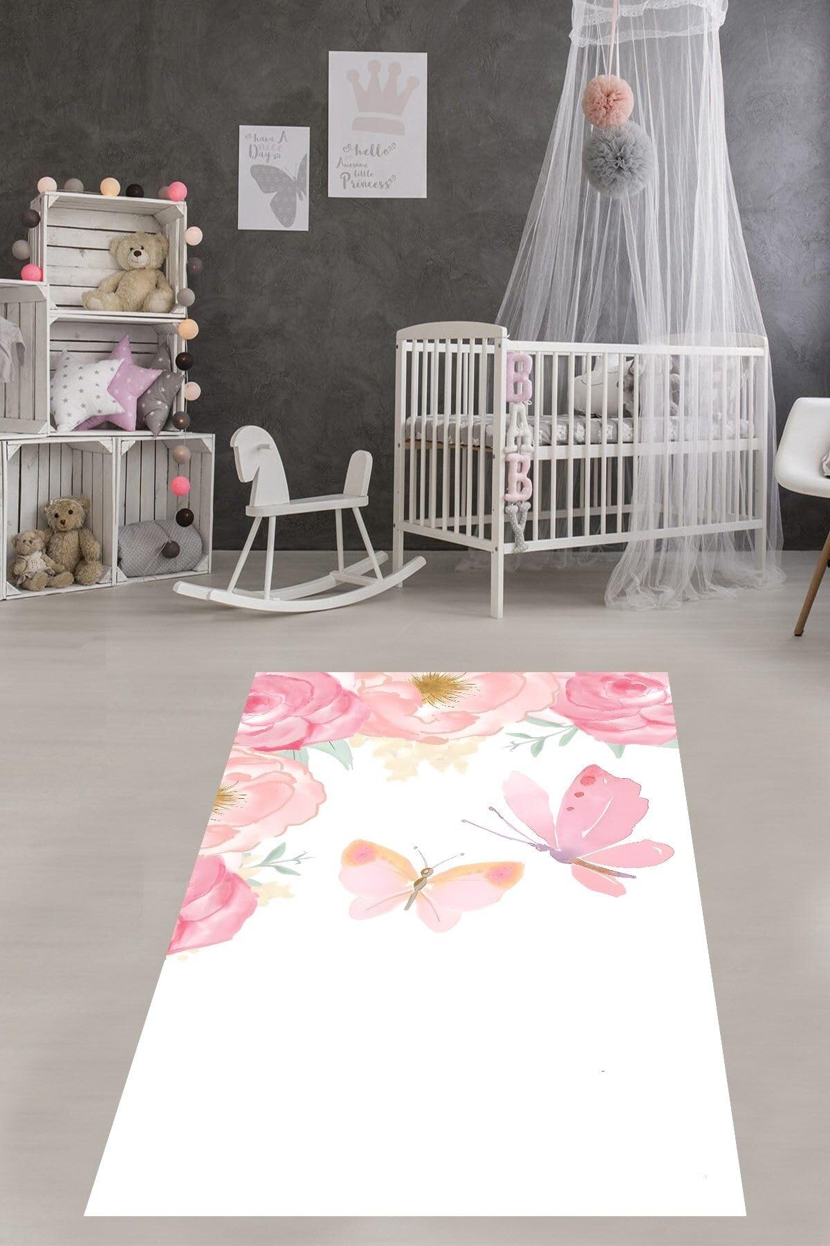 Pelangi Güller İçinde Uçan Kelebekler Yıkanabilir Kaymaz Taban Leke Tutmaz Çocuk Odası Halısık, Yeşil-Pembe-Beyaz 160 x 250