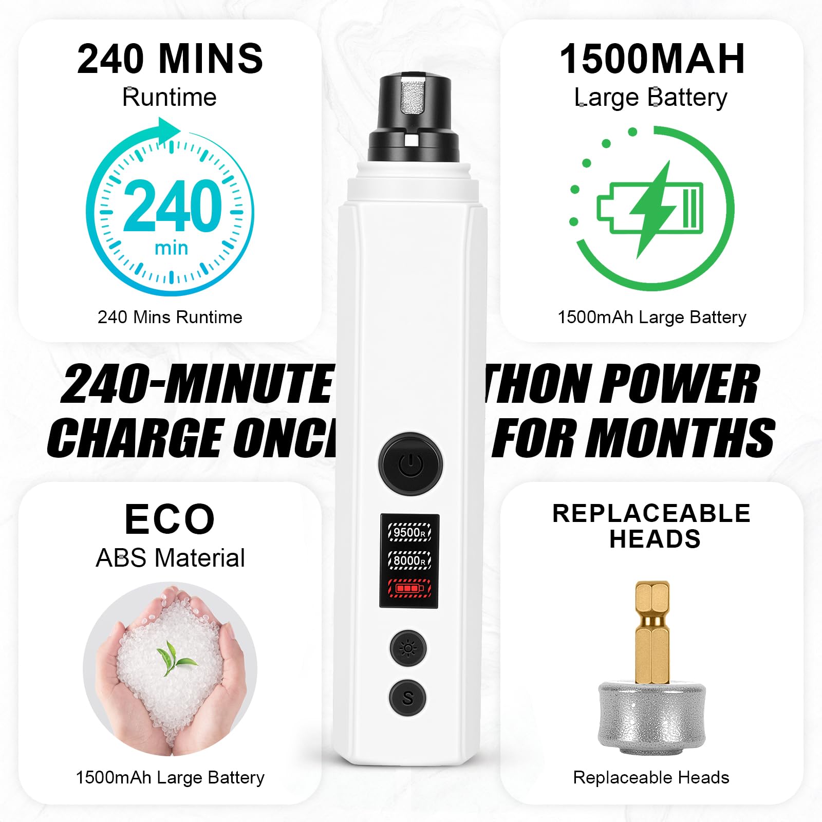 Dog Nail Grinder,2026 New Updated Quiet Electric 2-Speed Professional Pet Nail Grinder with Quick Sensor, Rechargeable Painless Trimmer for Large to Small Dogs & Cats, LED Light & Guard - image 5