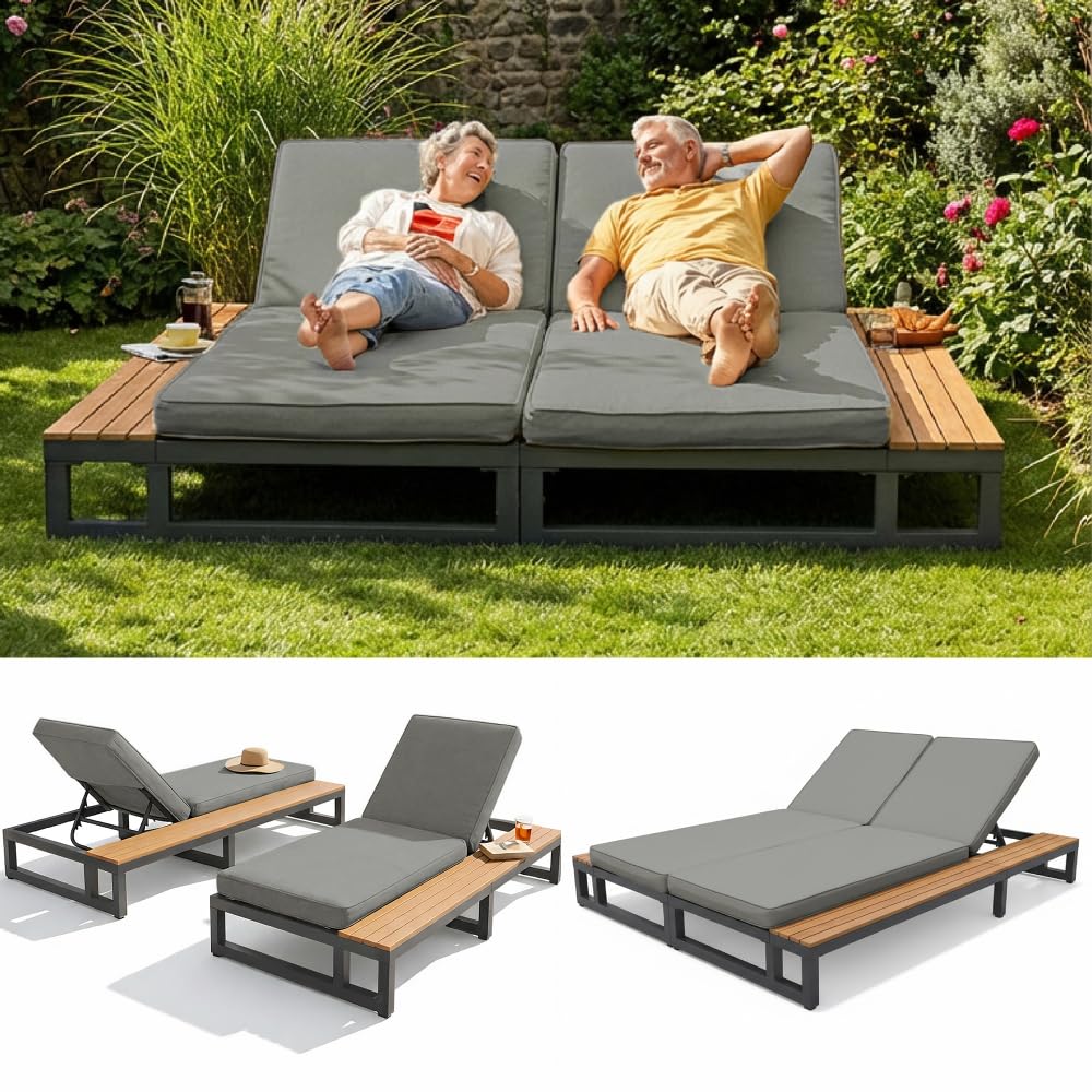 Gray Outdoor Patio Daybed Linke Seite Waterproof Sun Lounger Multifunctional Sofa Bed with Shelves Adjustable Backrest for Terrace Garden Balcony Relax (Gray + Metal+Waterproof Fabric-2)