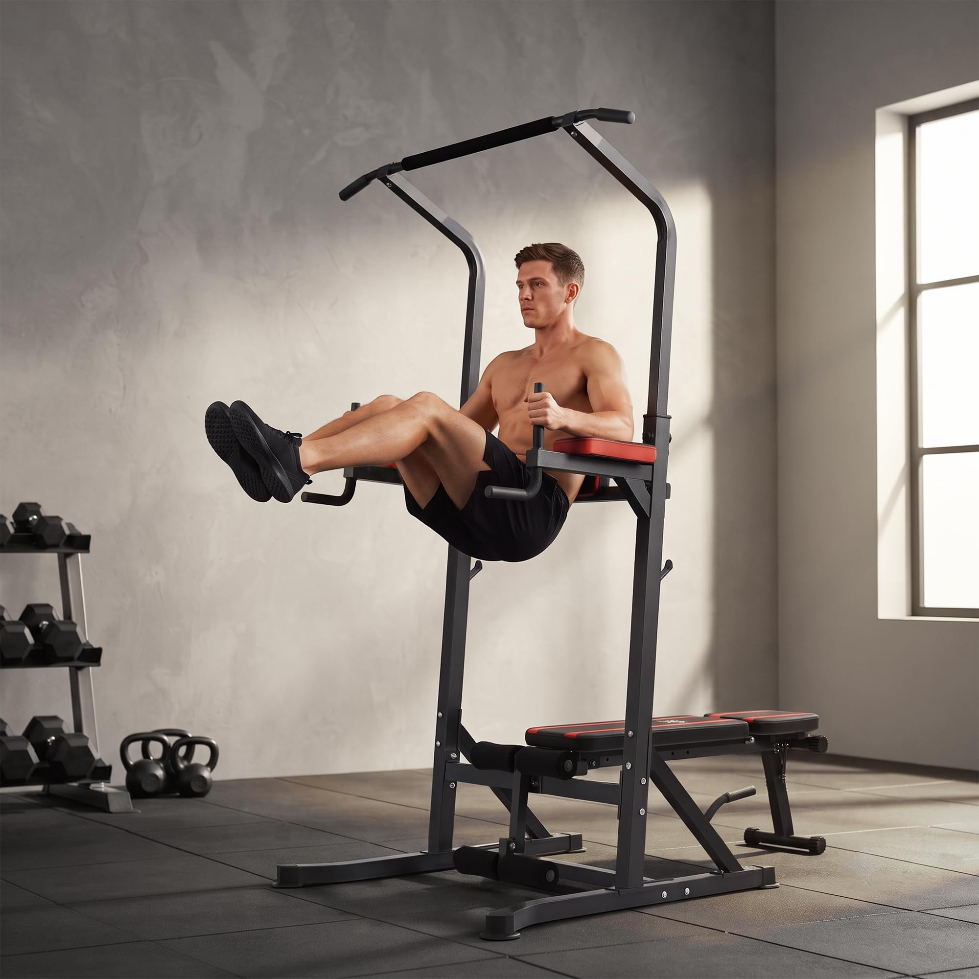 HOMCOM Estación de Musculación con Banco Plegable Altura Ajustable Rojo