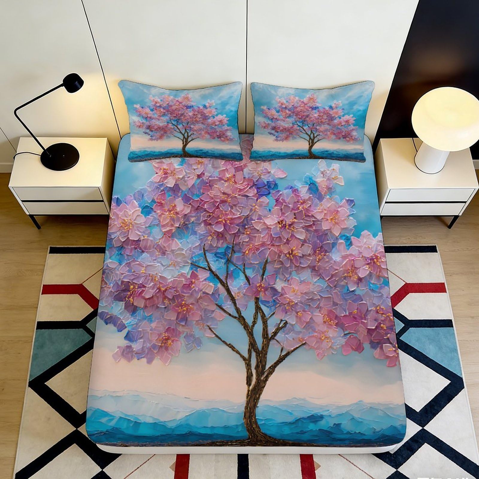 3D Printed Sakura Tree Fitted Sheet Microfiber Deep Pocket Bedroom Bedding Floral Mattress Fitted Cover Non-Slip Washable for Home 200x200x25cm 90x200x25cm
