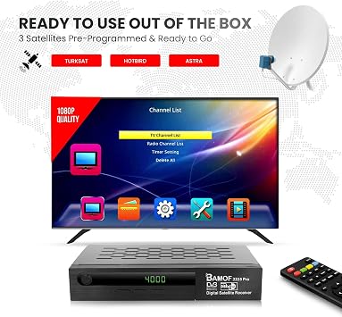 2225 PRO Satellite Receiver Satellite Receiver Digital DVBS2 Full HD Receiver (HDMI SCART 2x USB) [Pre-Programmed for Astra Hotbird and Türksat] + HDMI Cable Black