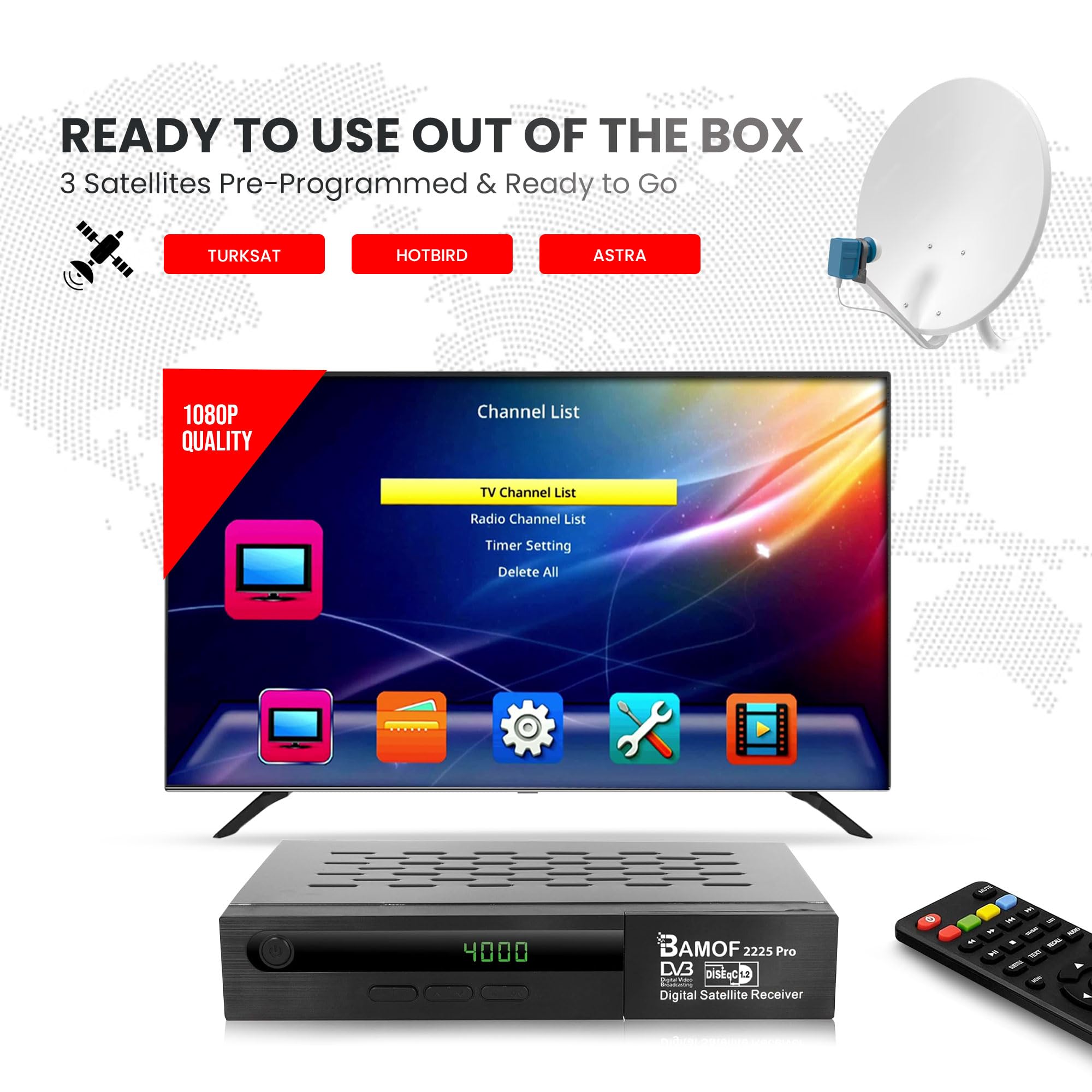 2225 PRO Satelliten Receiver Sat Receiver Digitaler DVBS2 Full HD Receiver (HDMI, SCART, 2X USB) [Vorprogrammiert für Astra, Hotbird und Türksat] + HDMI Kabel, Black
