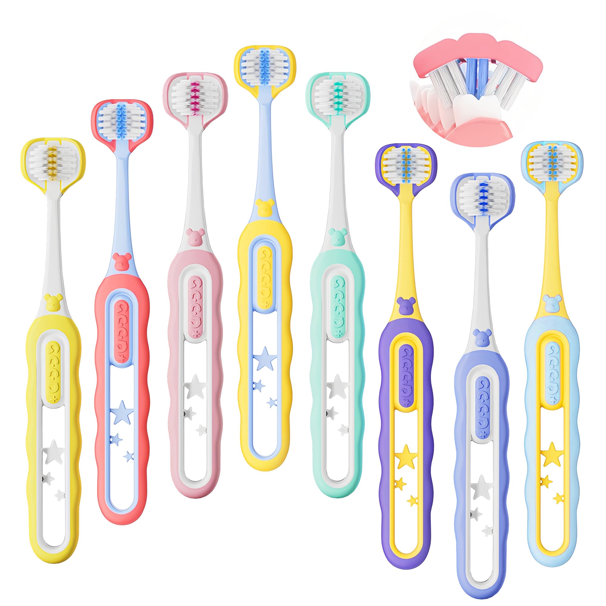 Cepillo de dientes para niños pequeños, paquete de 8 cepillos de dientes suaves eficientes de 3 lados para niños de 1 a 12 años, cepillo de dientes de entrenamiento para bebés, cuidado