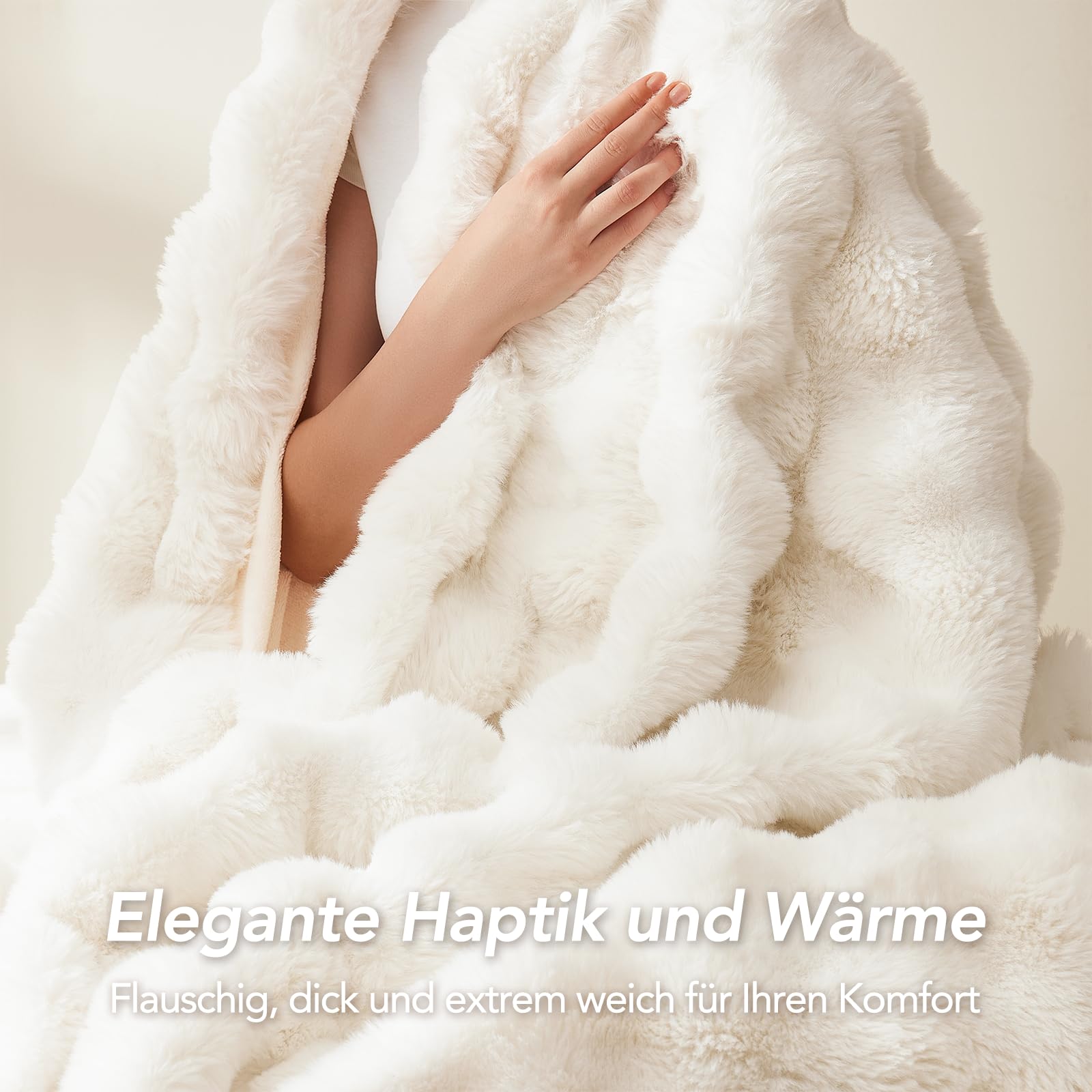 L'AGRATY Kunstkaninchenfell-Decke: 200x220cm Luxuriöse, weiche, Flauschige, Dicke Fellwurfdecke für Couch, Bett, Sofa - Gemütliche, plüschige Blasendecken mit Warmer Flanell-Fleece (Cremeweiß)