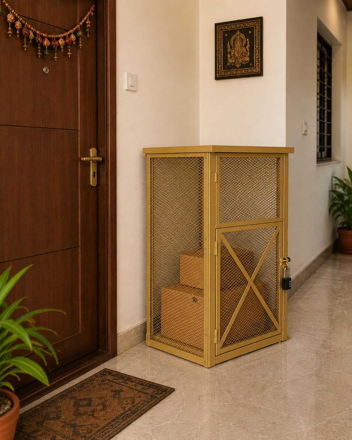 62466 Package Delivery Box for Outside with Combination Lock - Contactless Delivery Box for Safe and Convenient Deliveries - Iron Frame Supported, Wire mesh for Visibility - Golden-image-4