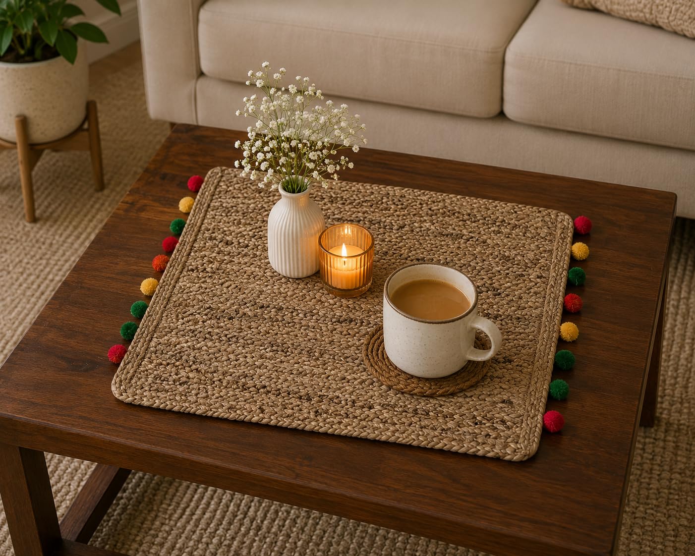 Recho Jute Square Mat 50 cm with Colorful Pompom Sides | Natural Jute Weave, Multicolour Pompoms, Table Mat, Boho Decor Style, Handcrafted Look-image-3