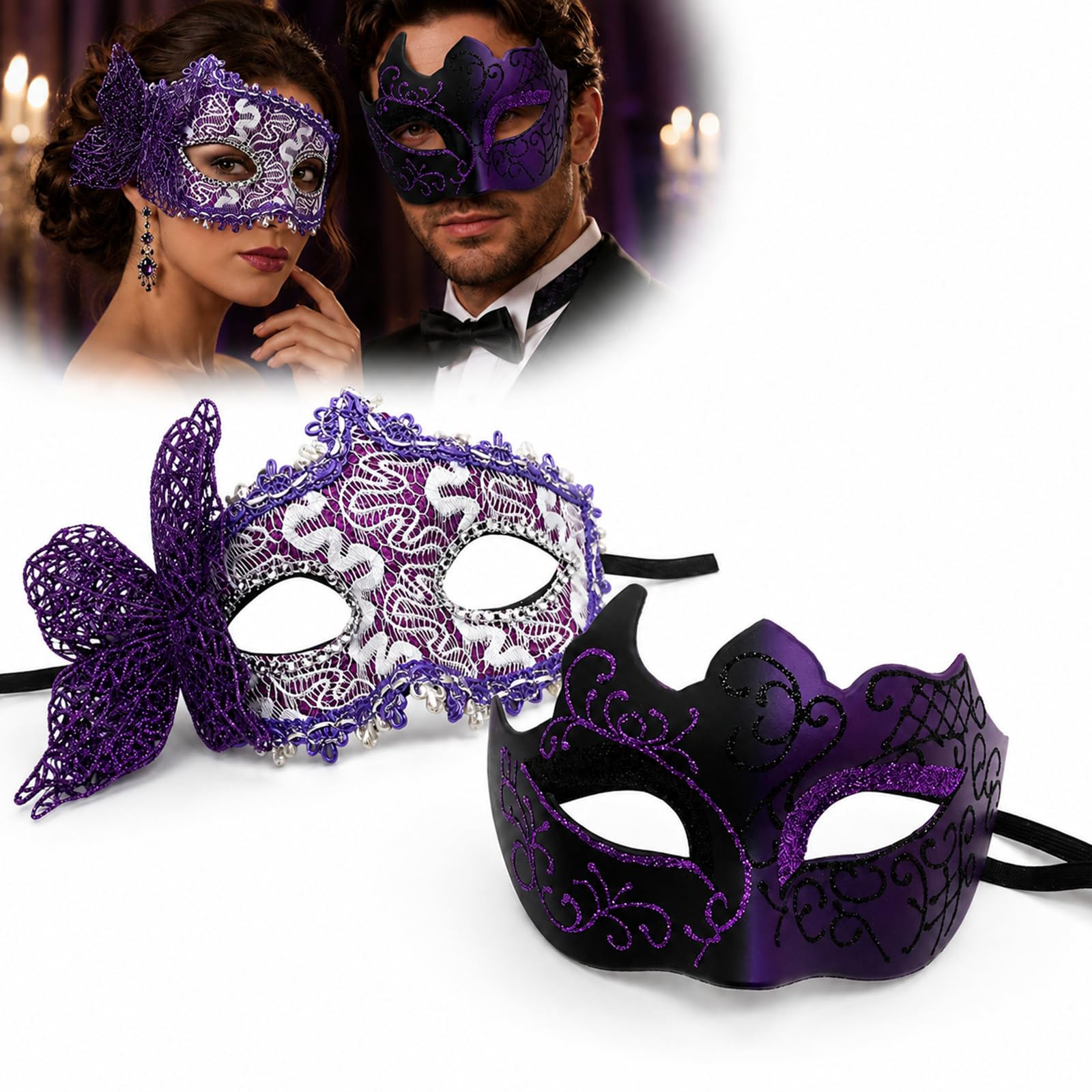 Adult Masquerade Masks, Purple Half-Face Butterfly And Swirl, 2-Pack
