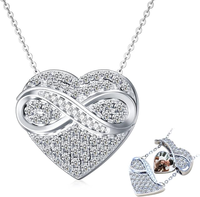 OCJ Heart Locket Necklace with 12 Birthstone 925 Sterling Silver Heart Photo Picture Pendant Necklace Jewellery Birthday Christmas Valentines Mothers Day Gifts for Women Girls Her Mom