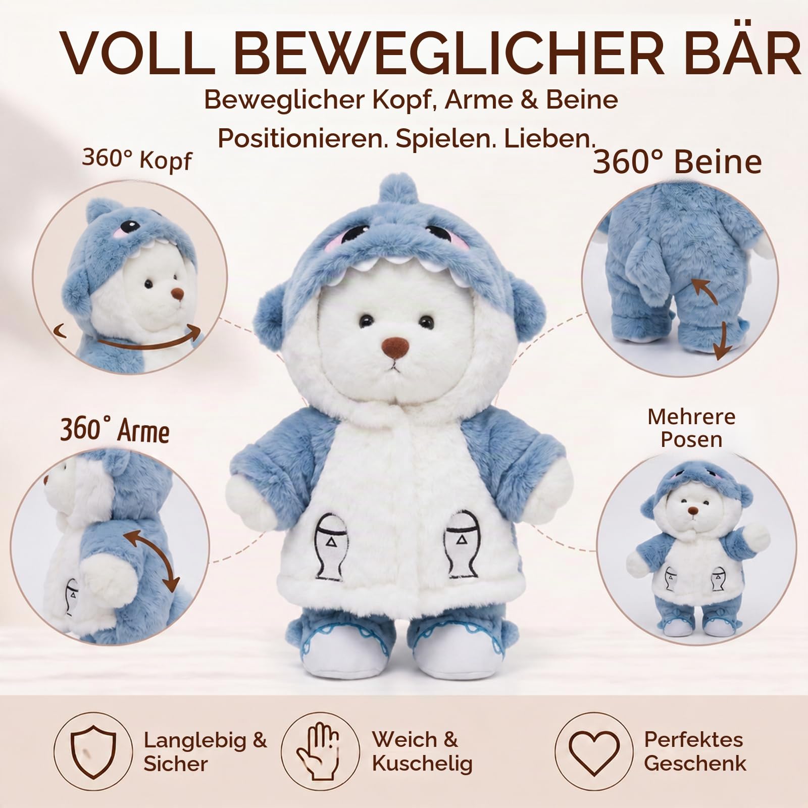 Teddy Angels Teddybär 30 cm mit einer Kleidung Stuff Tier Plüsch Geschenk für Kinder Mädchen Frauen Geburtstag (Weißer Haifischanzug)