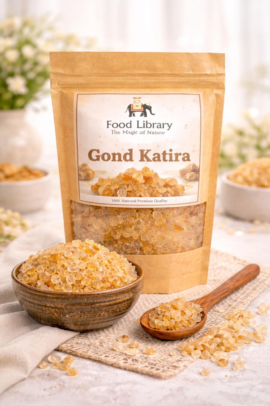 Food Library The Magic Of Nature Gond Katira | Tragacanth Gum | 100% Natural Edible Gond | Super Food | Cooling Agent for Summer Drinks | Premium Quality Gond Katira Crystals..200gm.