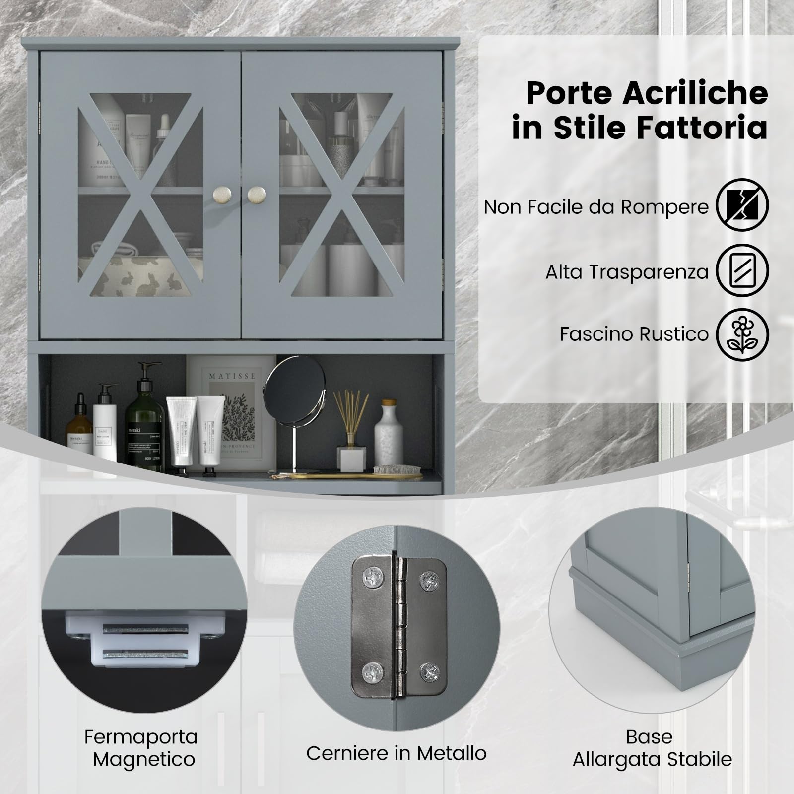 COSTWAY Mobile Bagno, Armadietto Salvaspazio con Porte in Acrilico, Ripiani Regolabili e Ampio Scomparto, Armadio da Terra in Legno per Soggiorno, Camera da Letto, Salotto e Cucina (Grigio)
